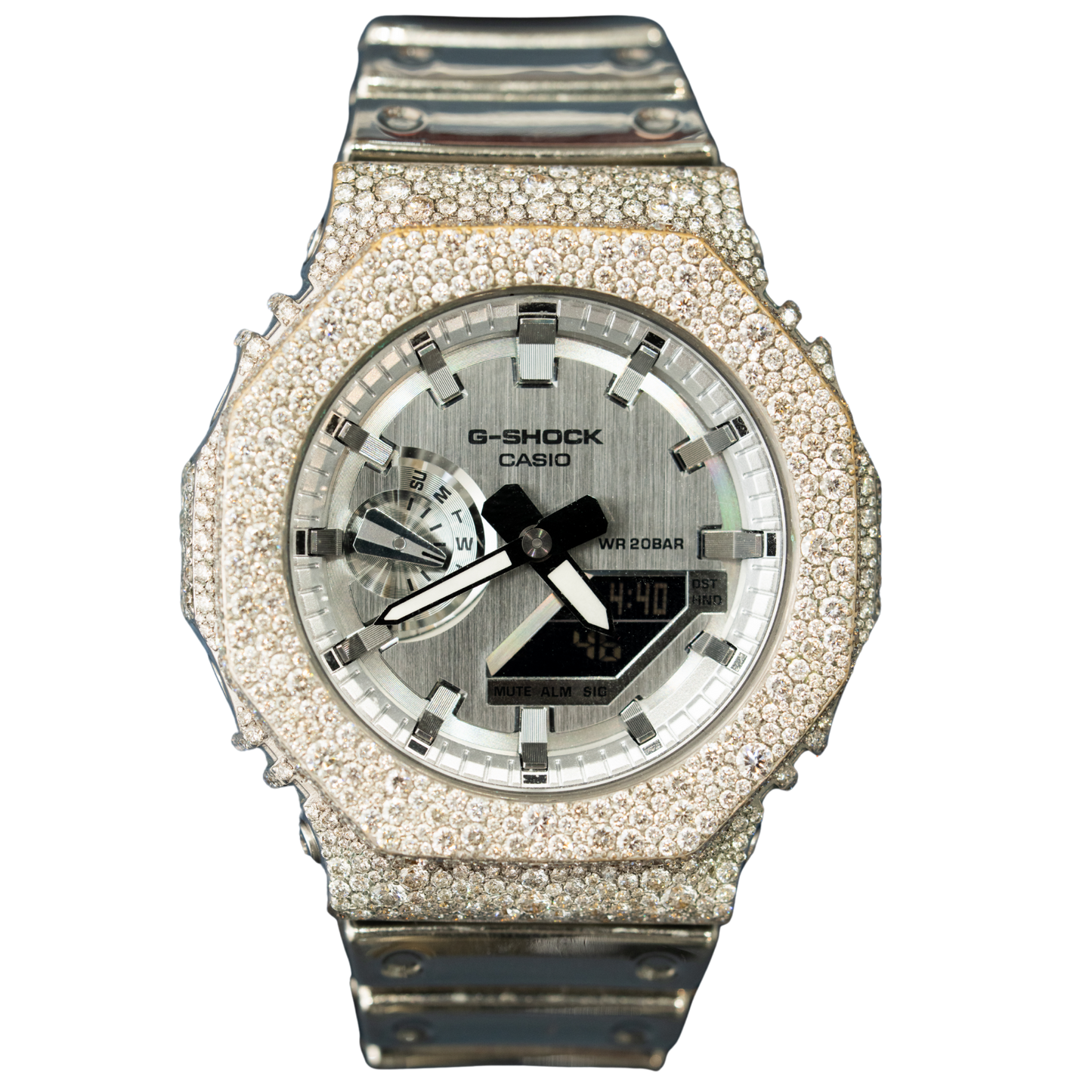 Casio Iced out G Shock Analog (White gold with Silver Dial and Strap)