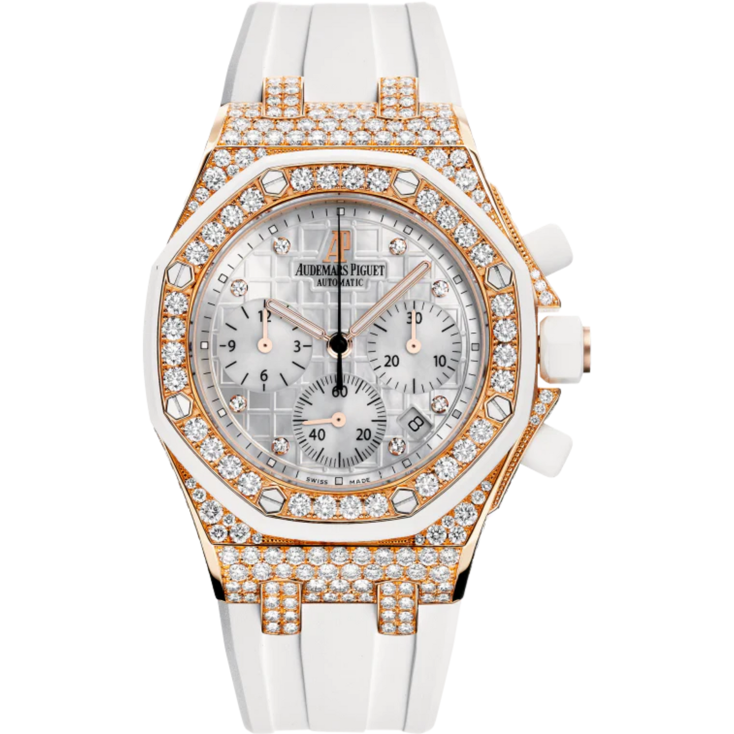 Royal Oak Offshore Chronograph 37MM White Rubber Strap Silvered Dial With Méga Tapisserie Pattern 18-Carat Pink Gold Case Entirely Set With Diamonds