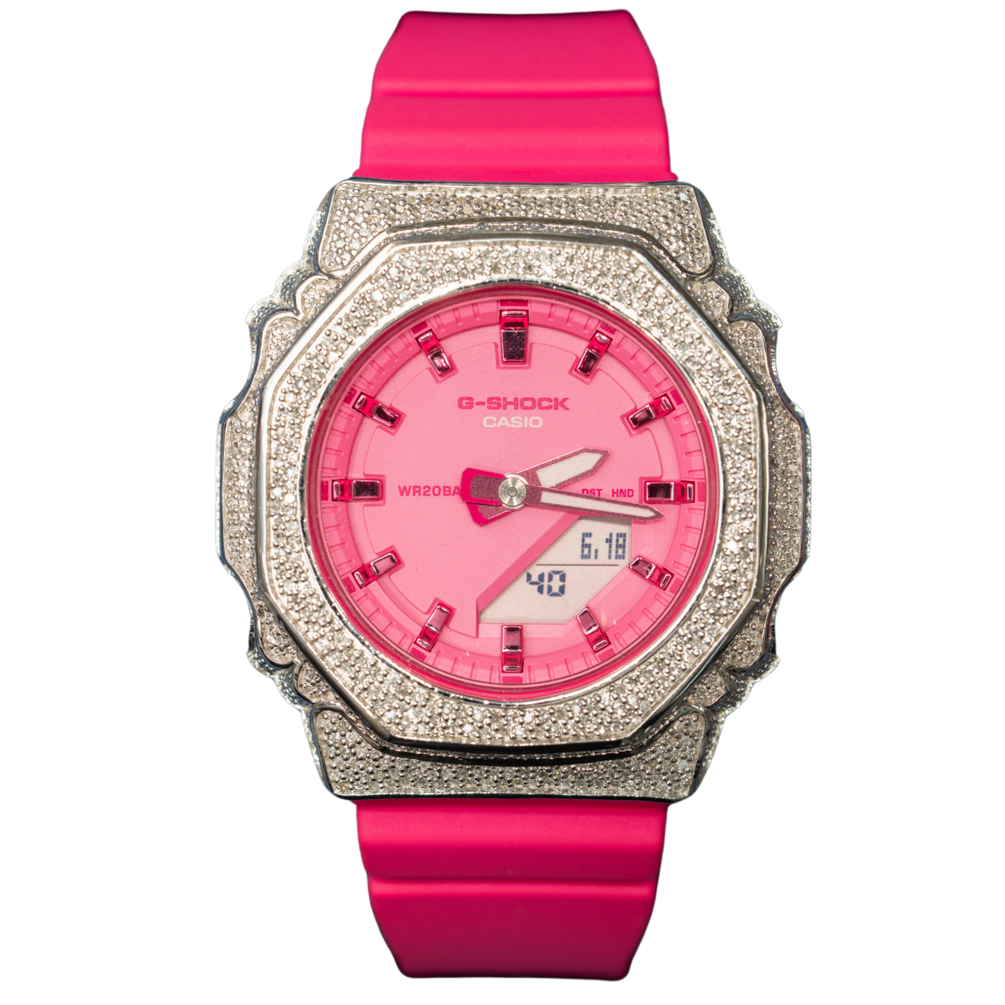 Casio Iced out G Shock Analog Lady Size Pink Band and Dial