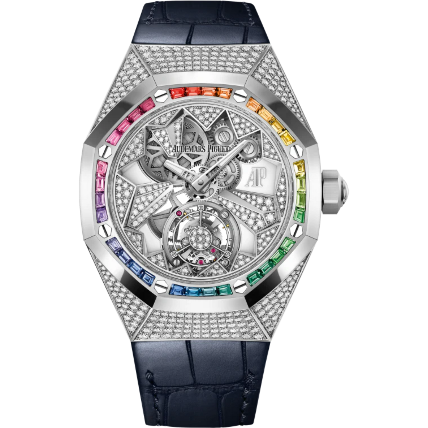 Royal Oak Concept 38.5mm Flying Tourbillon White Gold Diamonds Dial Gemstones Bezel Alligator Leather Strap