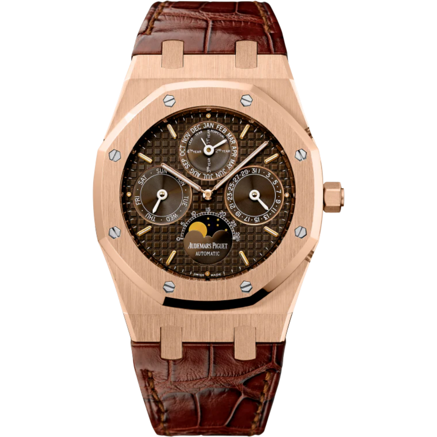 Royal Oak Perpetual Calendar 39MM Brown Alligator Strap Brown Chocolate Dial With Grande Tapisserie Pattern 18-Carat Pink Gold Case