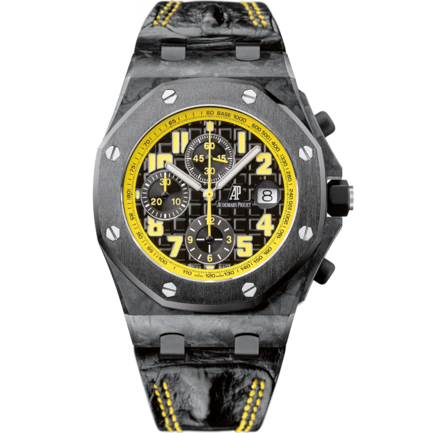 Royal Oak Offshore Chronograph 42MM Black Alligator Strap Black Dial With Méga Tapisserie Pattern Forged Carbon Case Black Ceramic Bezel