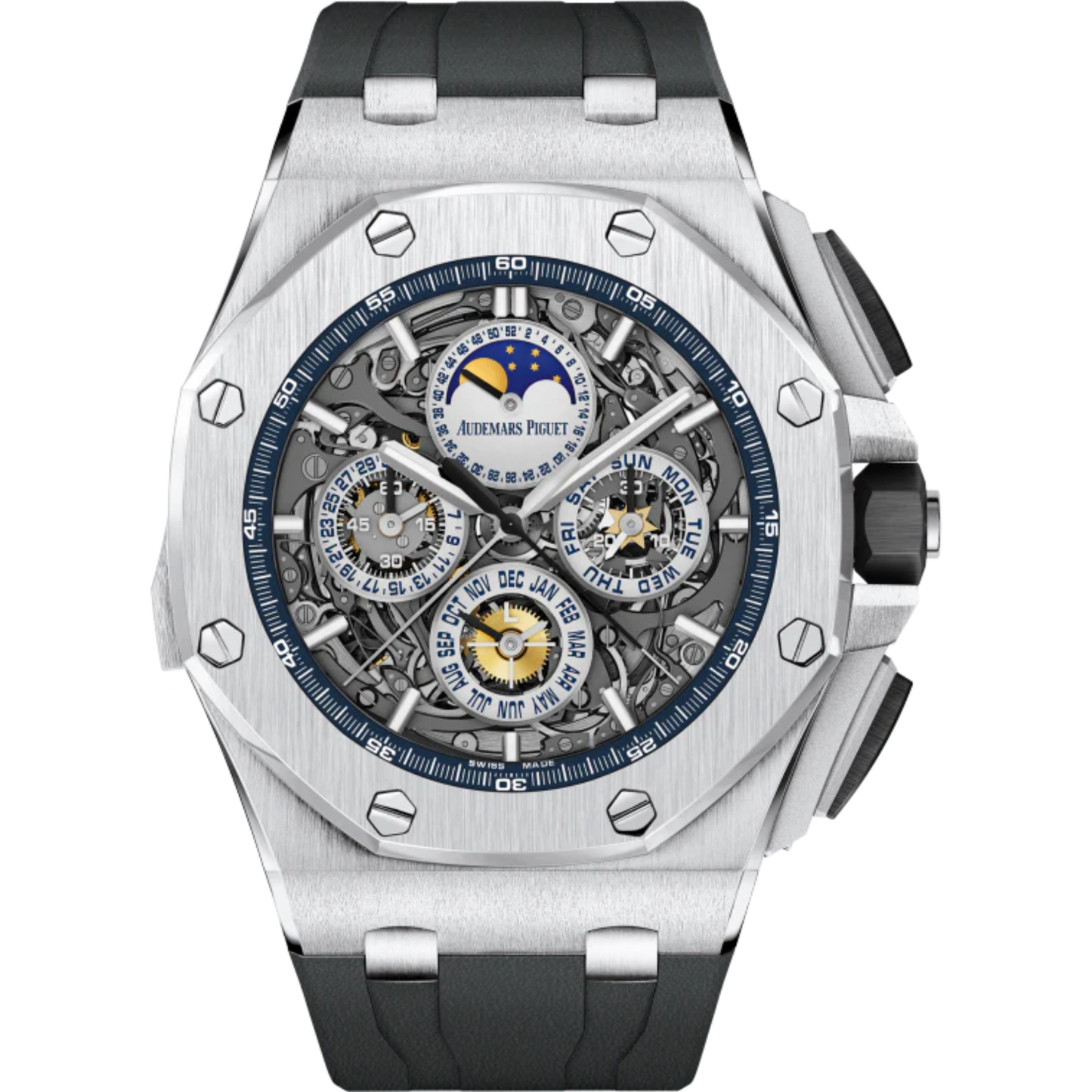 Royal Oak Offshore Grande Complication 44MM Black Rubber Strap Sapphire Dial 18-Carat White Gold Ceramic Bezel