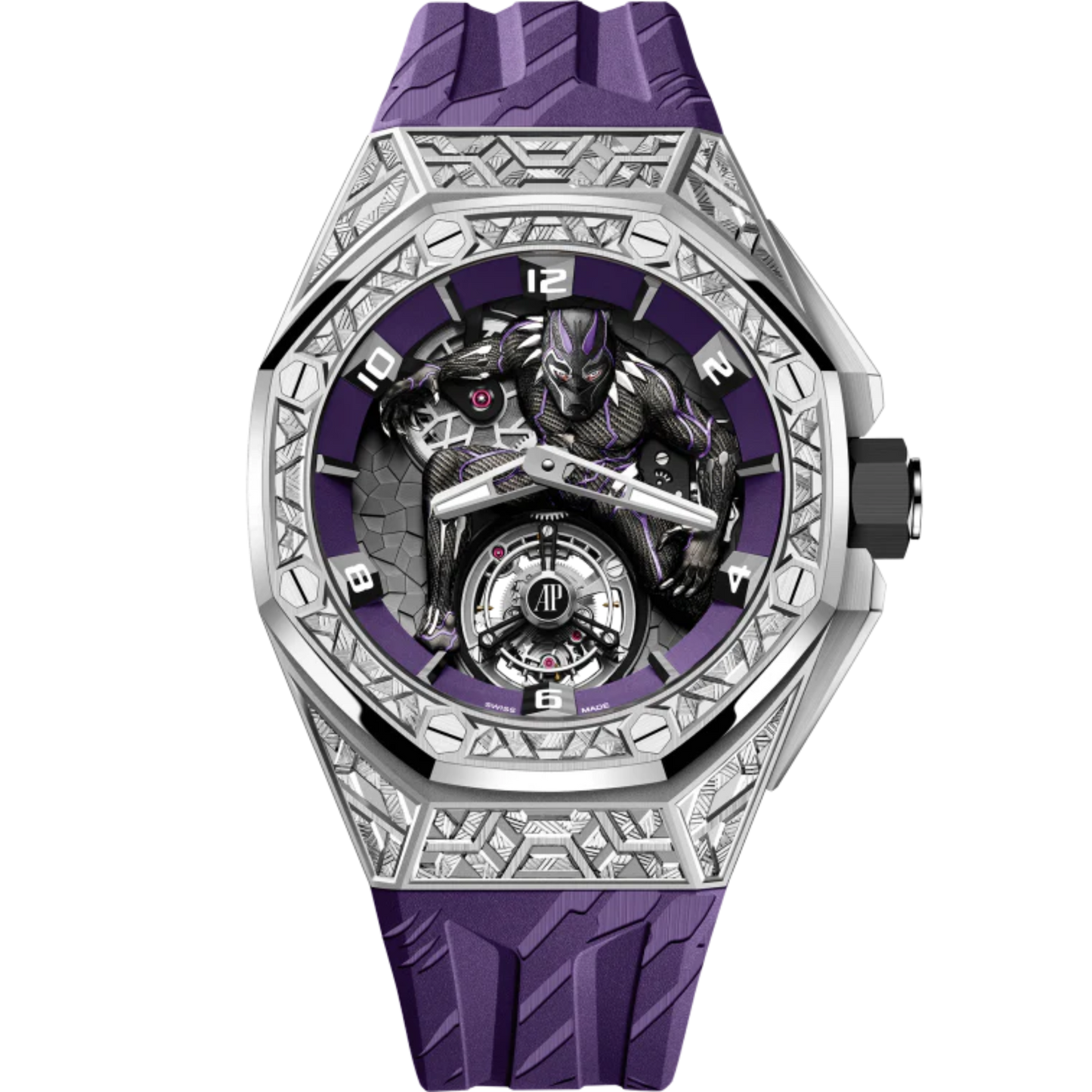 Royal Oak Concept 42MM Black Panther Flying Tourbillon Purple Rubber Strap White Gold 3D Black Panther Character Dial 18-Carat White Gold Case and Bezel