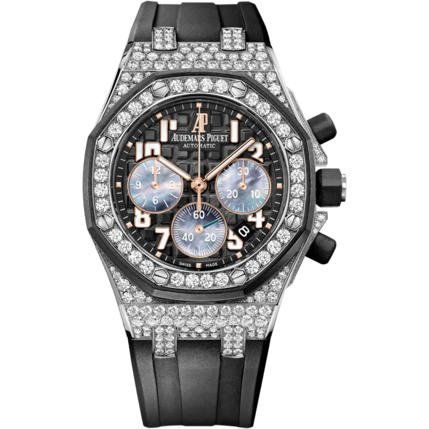 Royal Oak Offshore Ladycat Chronograph 37MM Black Rubber Strap Black Dial With Méga Tapisserie Patterns 18-Carat White Gold Case Diamond-Set Bezel