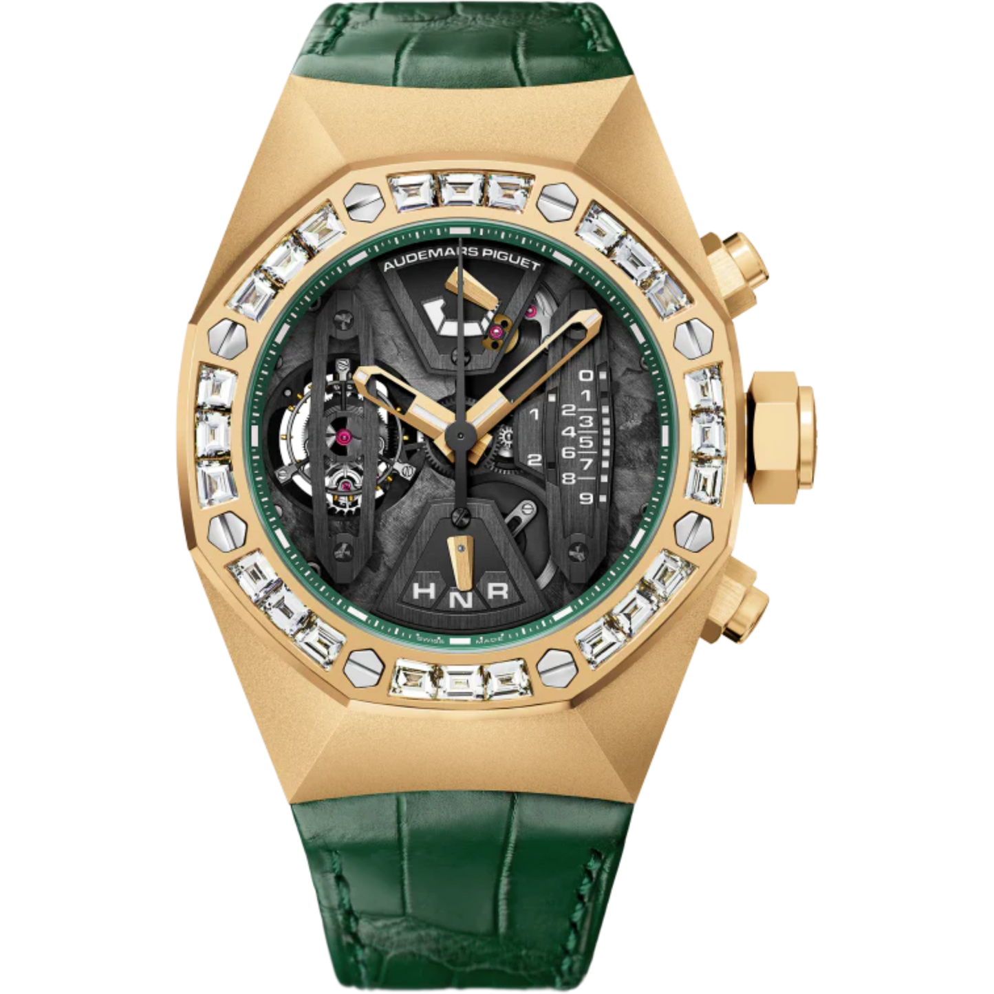 Royal Oak Concept 44MM Tourbillon Chronograph Green Alligator Strap 18-Carat Yellow Gold Case Bezel Set With Baguette-Cut Diamonds