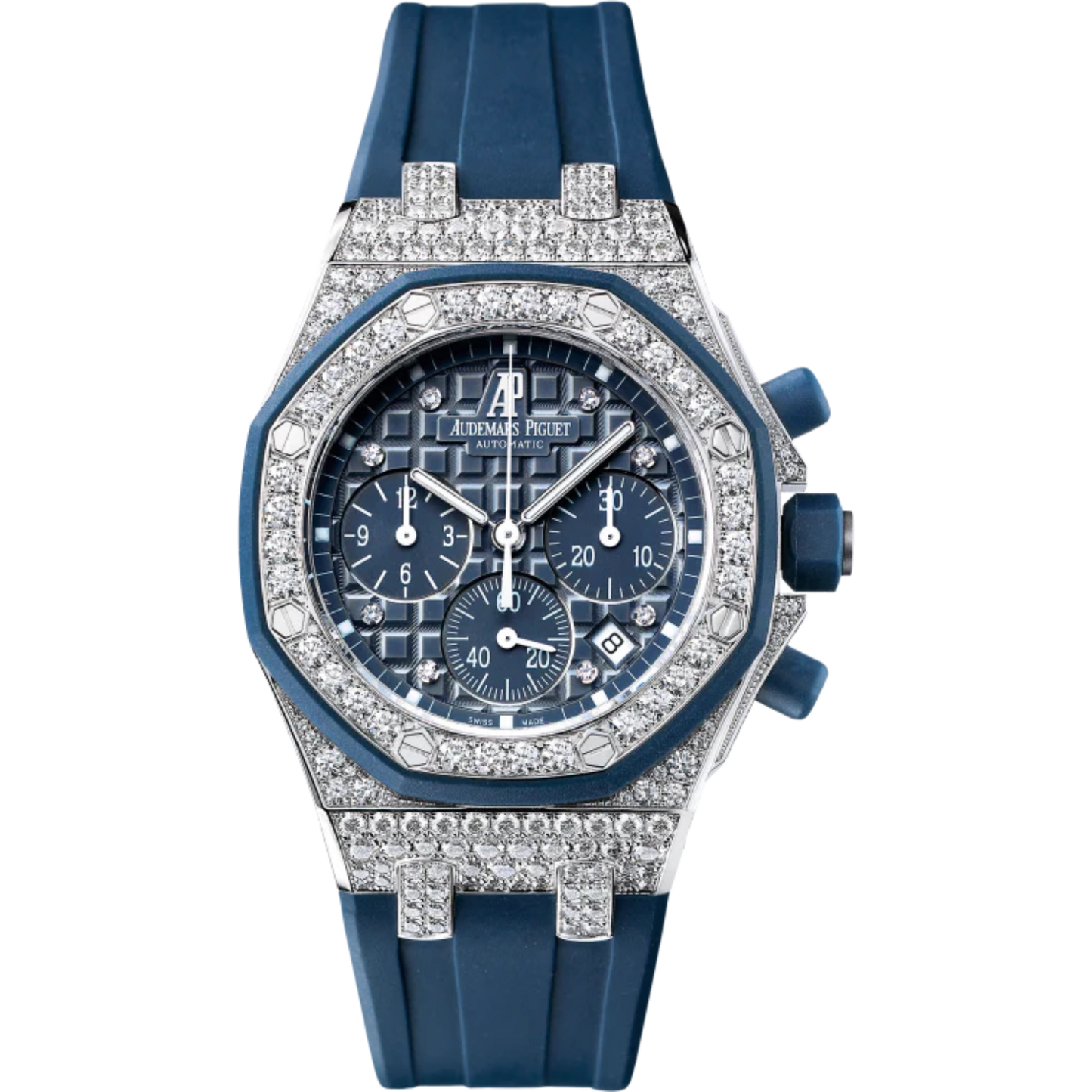 Royal Oak Offshore Chronograph 37MM Blue Rubber Strap Blue Dial With Méga Tapisserie Pattern 18-Carat White Gold Case Entirely Set With Diamonds Blue Rubber-Clad Bezel