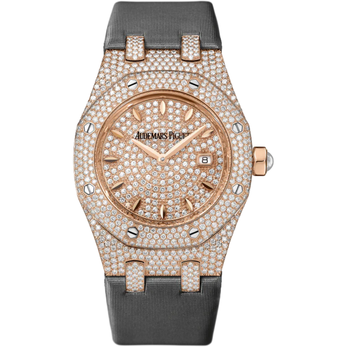 Royal Oak Quartz 33MM Technological Silk Dark Grey Strap Diamond-Paved Dial 18-Carat Pink Gold Case Entirely Set With Diamonds