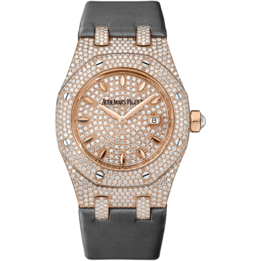 Royal Oak Quartz 33MM Technological Silk Dark Grey Strap Diamond-Paved Dial 18-Carat Pink Gold Case Entirely Set With Diamonds