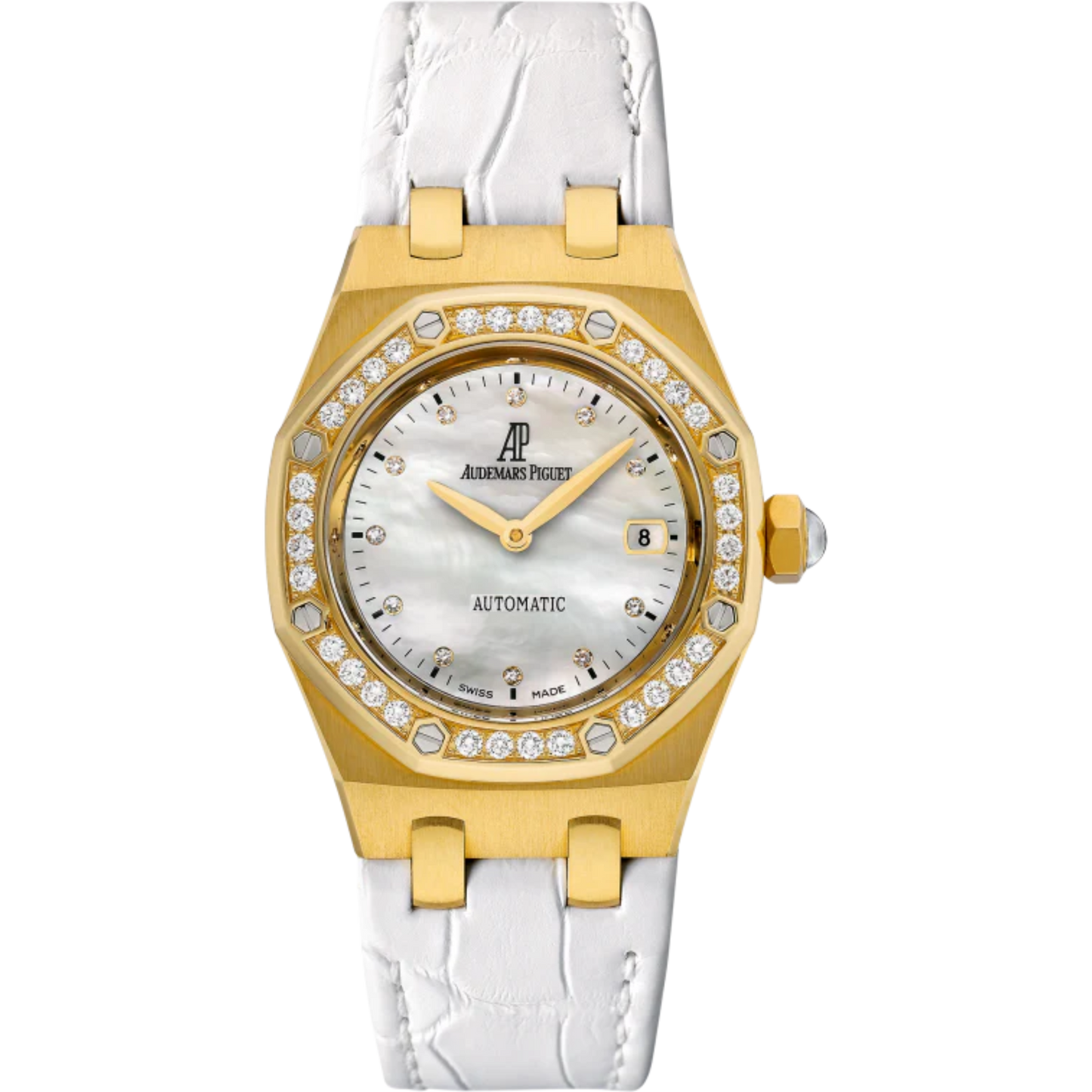 Royal Oak Selfwinding 33MM White Alligator Strap White Mother-Of-Pearl Dial 18-Carat Yellow Gold Case Bezel Set With Brilliant-Cut Diamonds