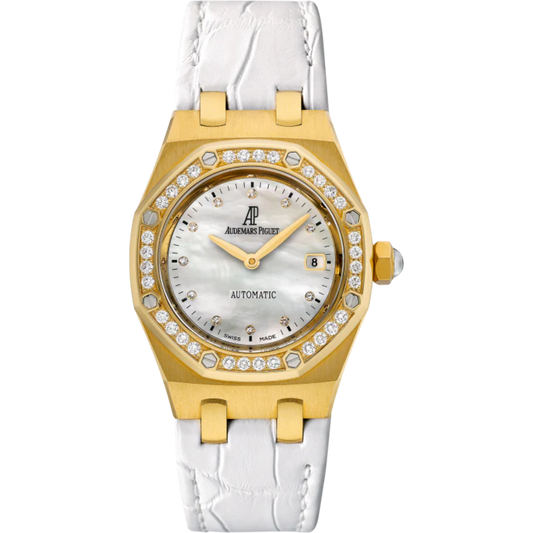 Royal Oak Selfwinding 33MM White Alligator Strap White Mother-Of-Pearl Dial 18-Carat Yellow Gold Case Bezel Set With Brilliant-Cut Diamonds