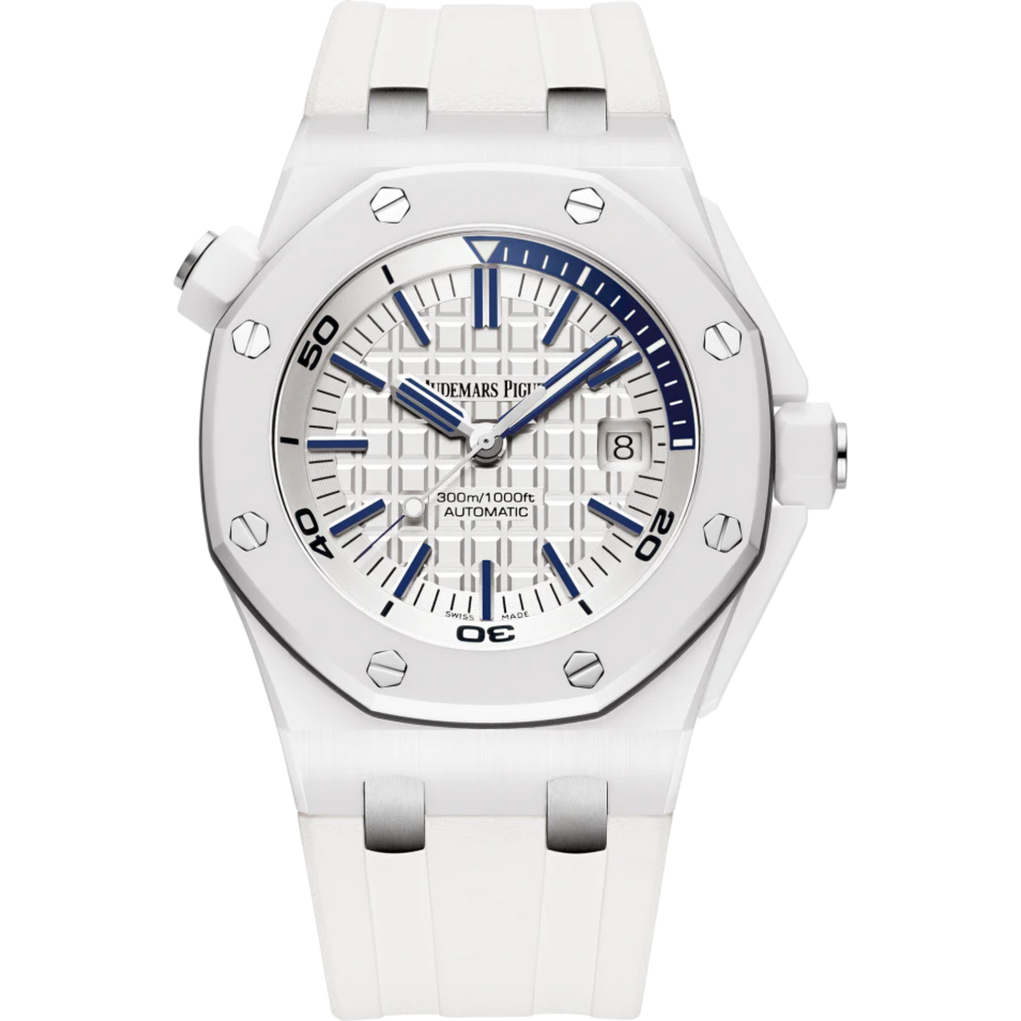 Royal Oak Offshore Diver 42MM White Rubber Strap Light Silver-Toned Dial With Méga Tapisserie Pattern White Ceramic Case and Bezel