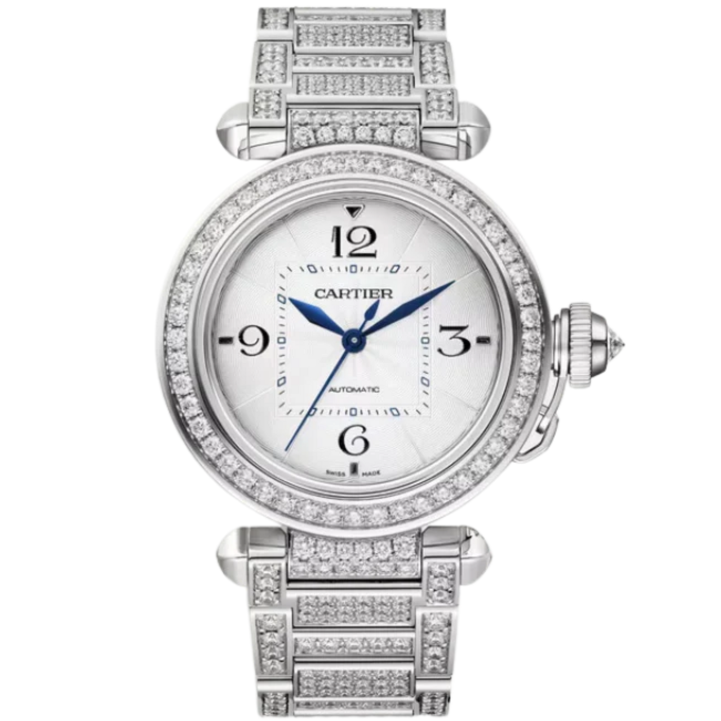 PASHA DE CARTIER 35 MM RHODIUMIZED 18K WHITE GOLD WITH SILVER FLINQUE DIAL