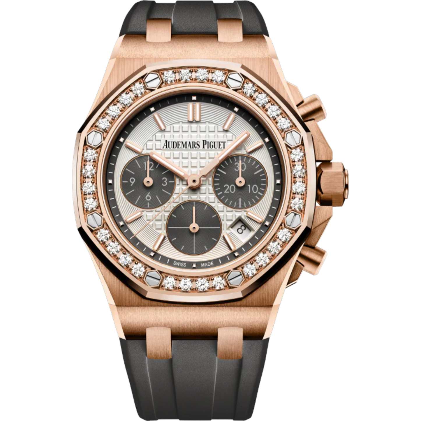 Royal Oak Offshore Selfwinding Chronograph 37MM Grey Rubber Strap Silver-Toned Dial With Lady Tapisserie Pattern 18-Carat Pink Gold Case Diamond-Set Bezel