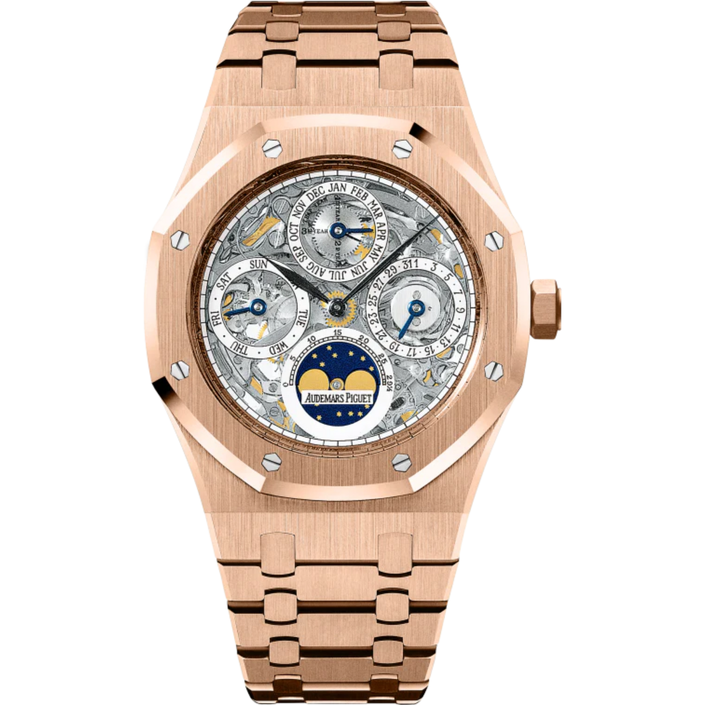 Royal Oak Openworked Perpetual Calendar 39MM 18-Carat Pink Gold Bracelet Sapphire Dial With White Indicators 18-Carat Pink Gold Case