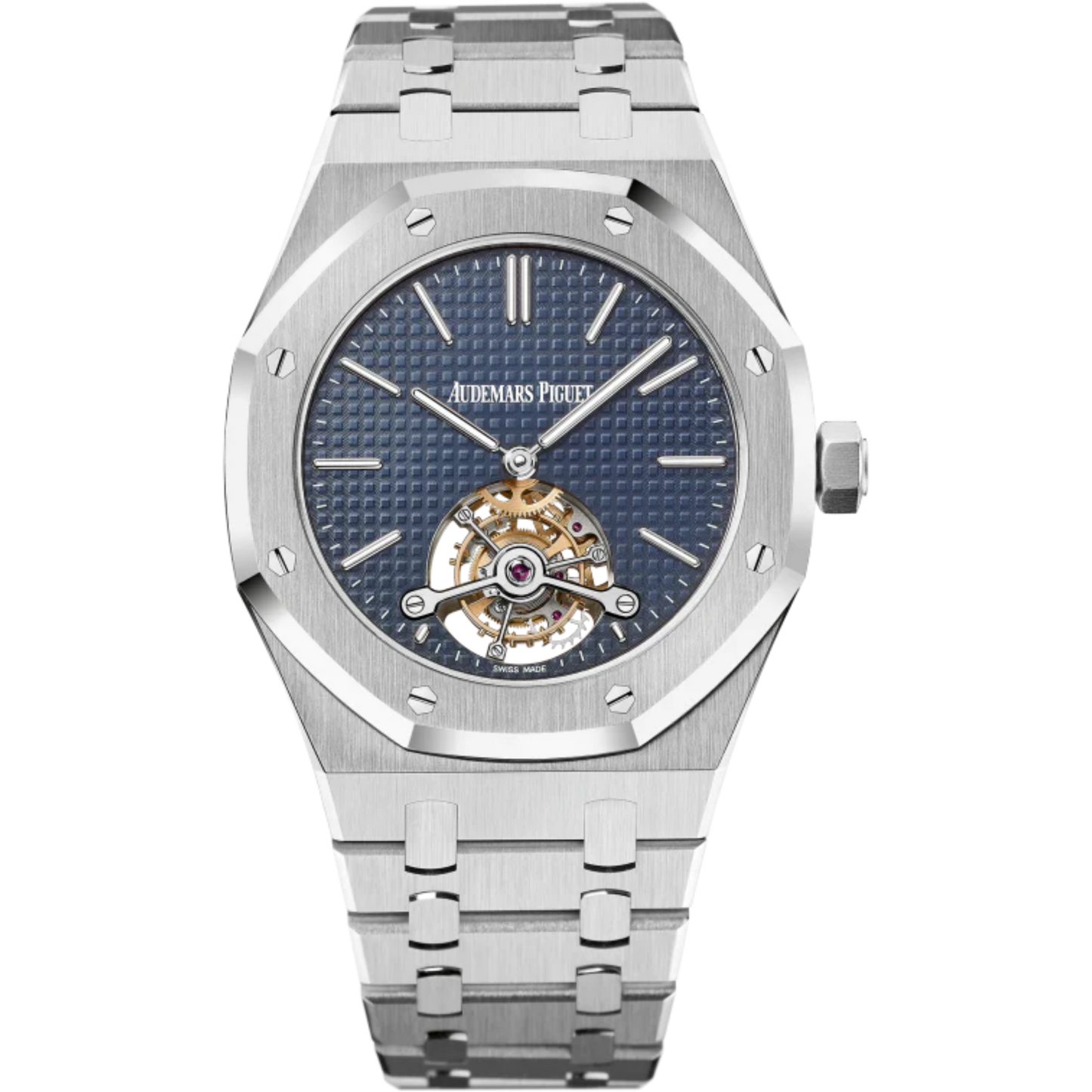 Royal Oak Tourbillon Extra-Thin 41MM Stainless Steel Bracelet Blue Dial With Petite Tapisserie Pattern Stainless Steel Case Black Rubber-Clad Bezel