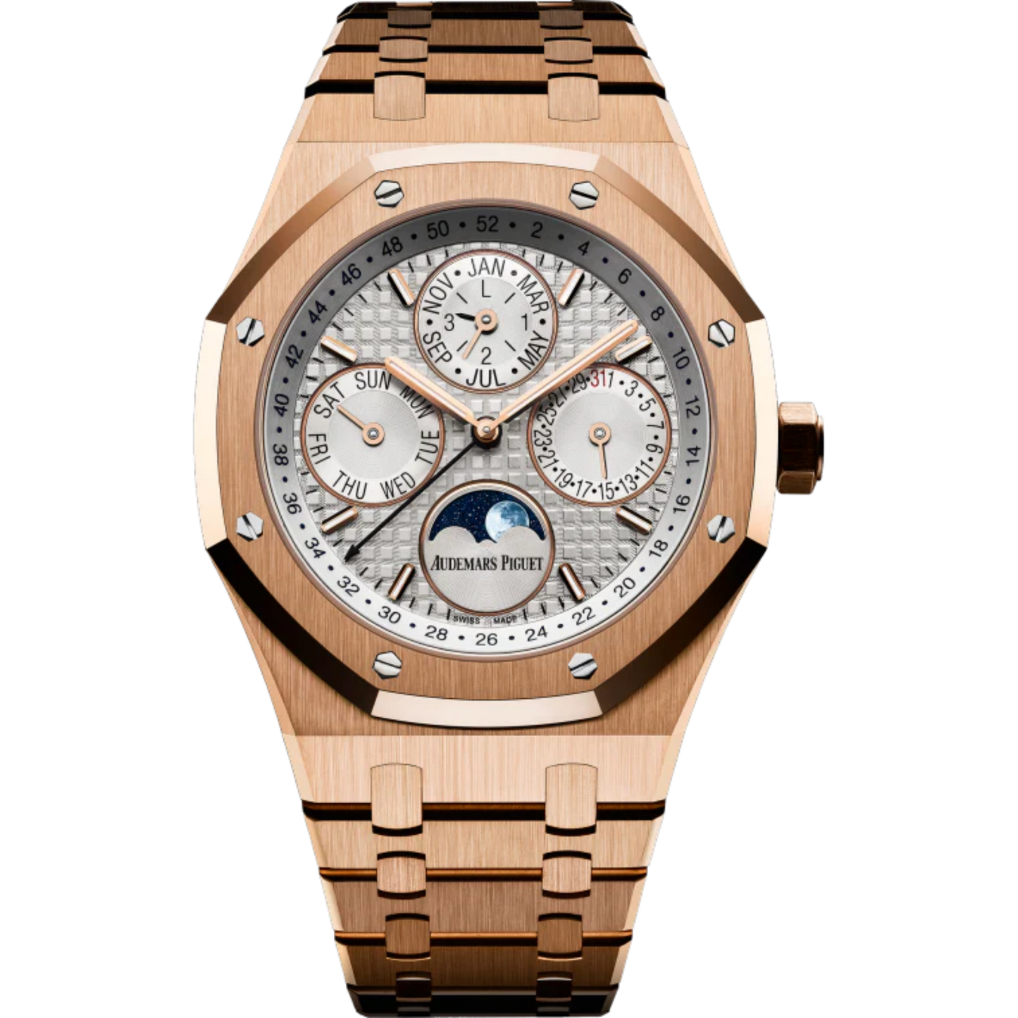 Royal Oak Perpetual Calendar 41MM 18-Carat Pink Gold Bracelet Silver-Toned Dial With Grande Tapisserie Pattern 18-Carat Pink Gold Case