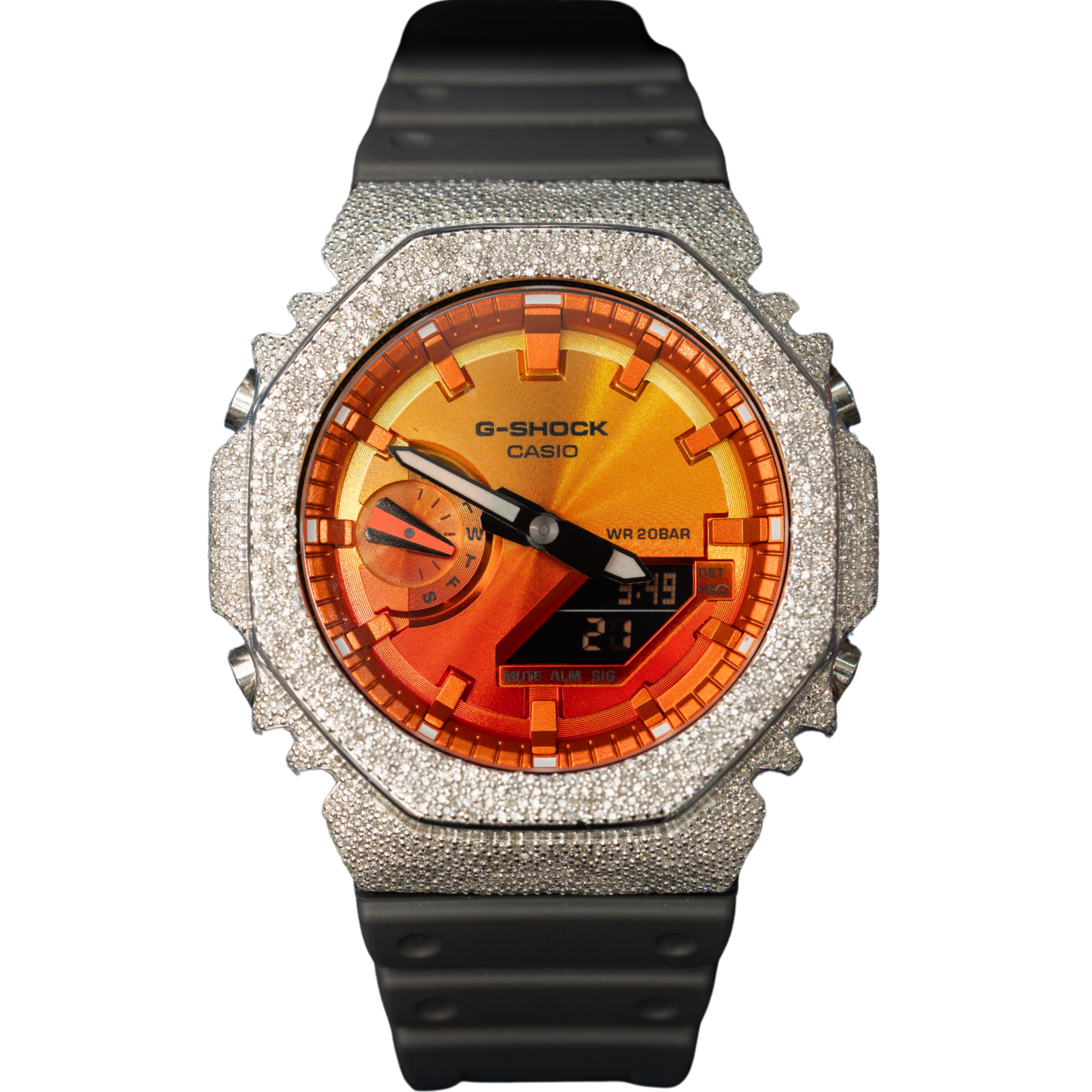Casio Iced out G Shock Analog White gold with Orange Dial