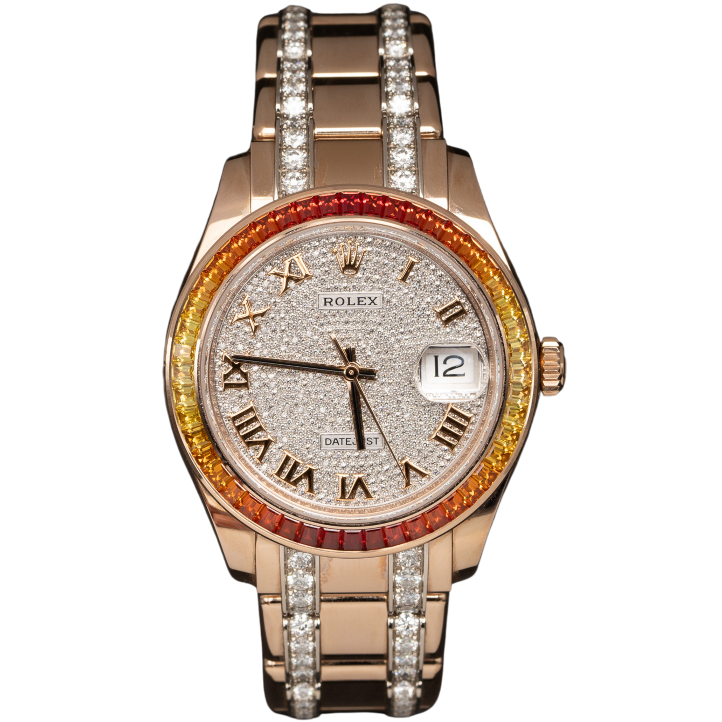 Rolex Datejust Ref. 86345SAJOR 39MM Rose Gold Pearlmaster Pave Dial/Bracelet with Orange/Yellow Gradient Baguette Cut Sapphires