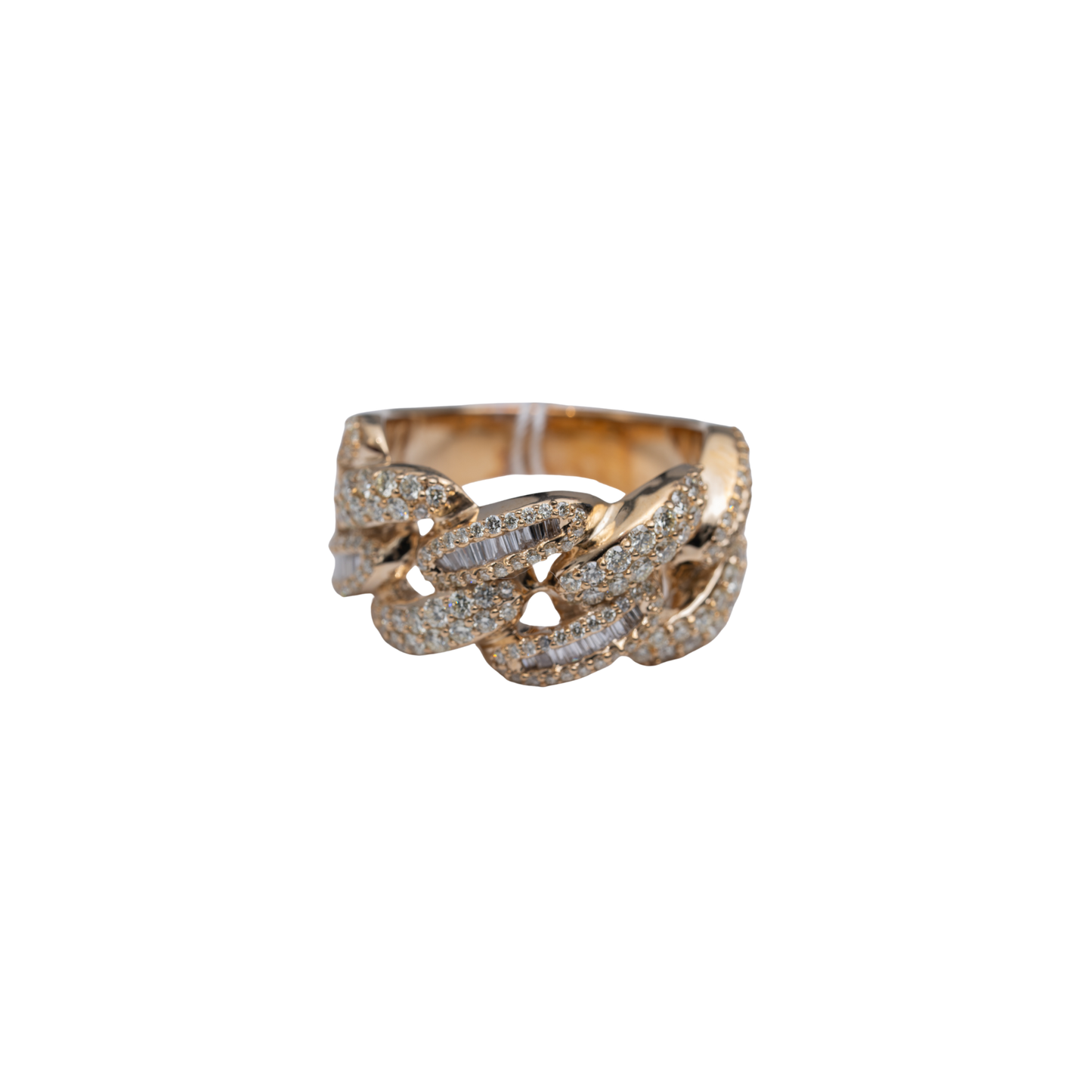 10k Yellow Gold Cuban Link Half Pave Ring - Round & Traps - 14.01 grams - 1.67 cts - Size: 9