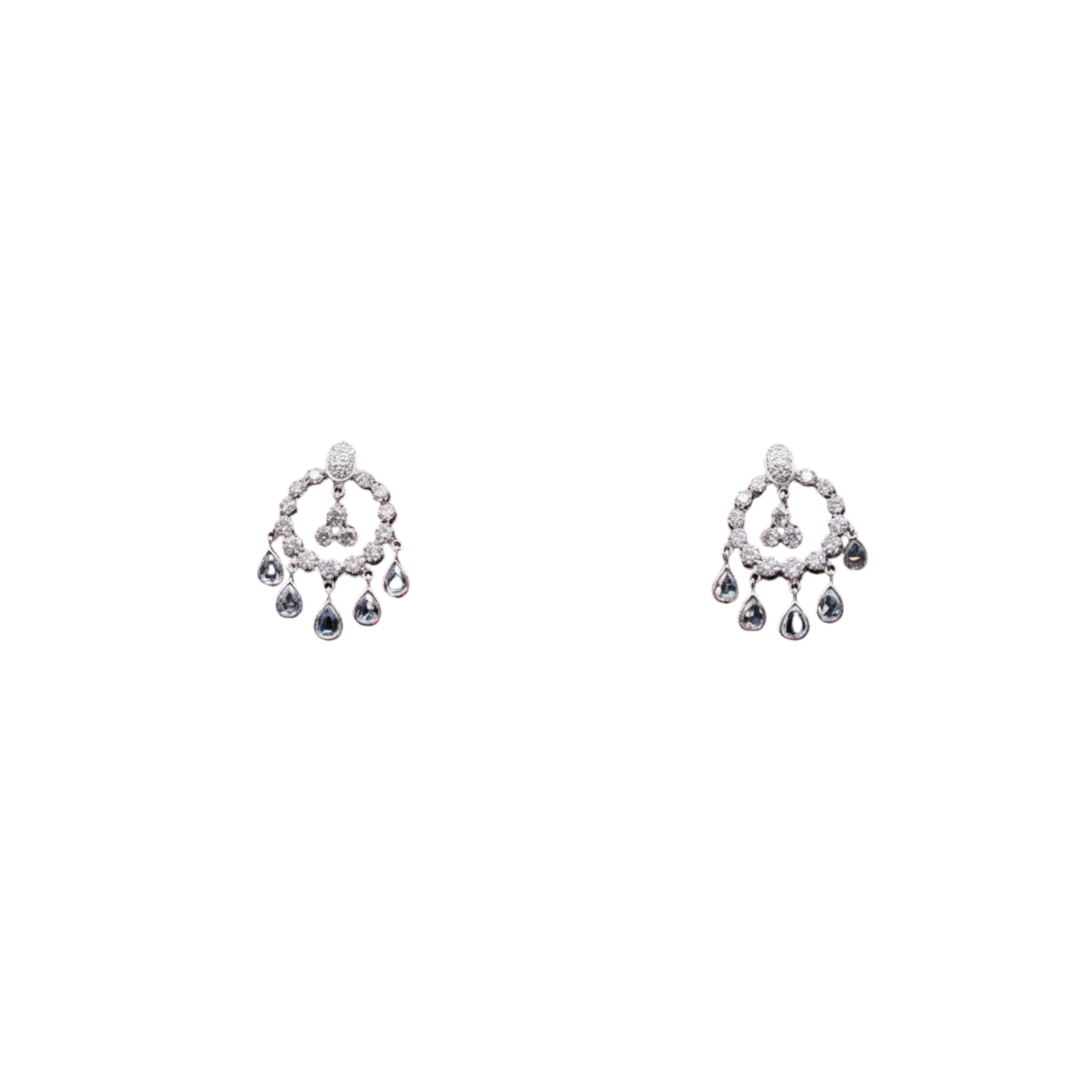 18k White Gold Diamond Earrings with Bezel set Pear shape Rose cut & Prong,Pave set Round Diamonds - Pear: 1.58cts Round: 2.16 cts