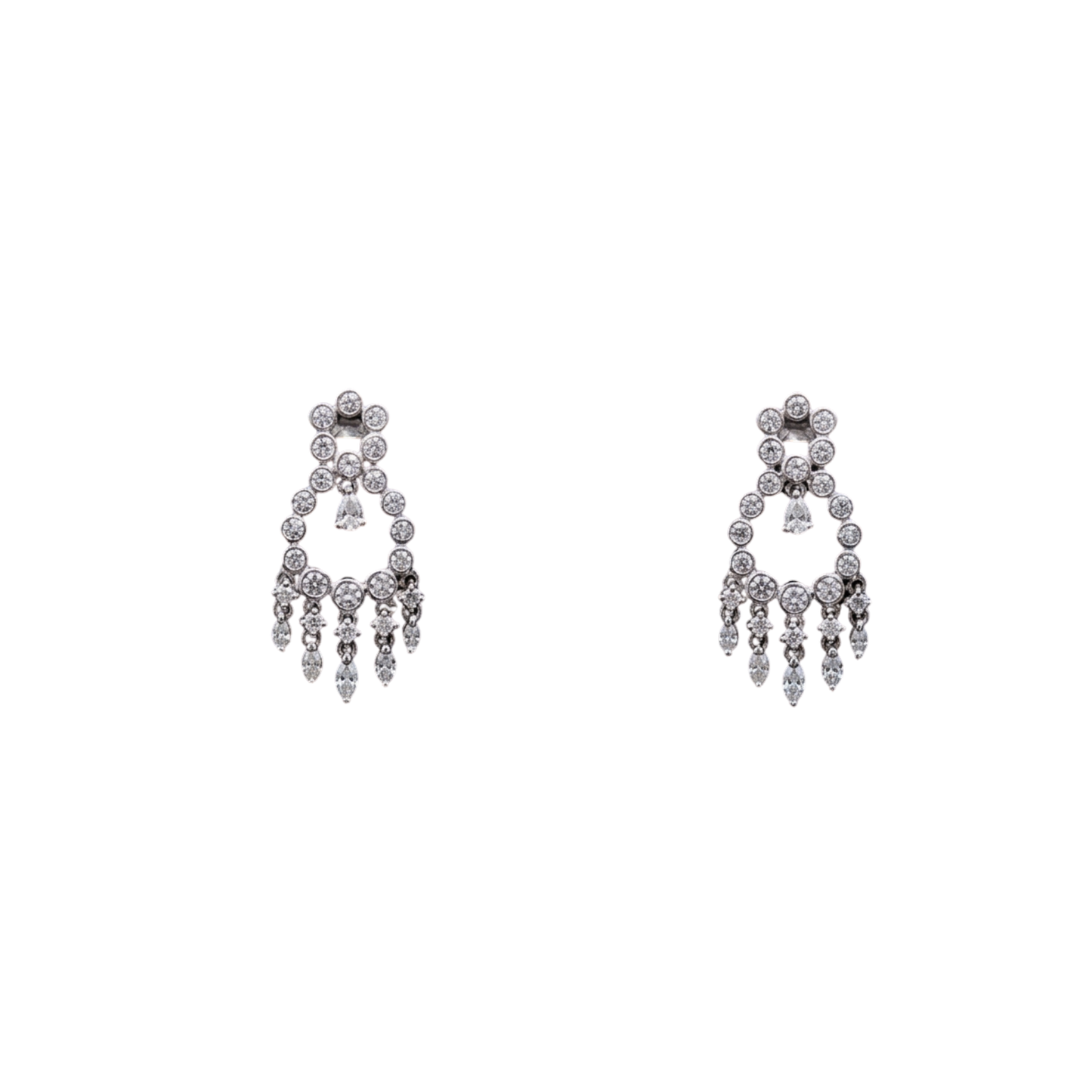18k White Gold Diamond Earrings with Prong set Pear,Marquise, Round & Bezel set Round Diamonds - Round: 0.75 cts Marquise: 0.40 cts Pear: 0.15 cts