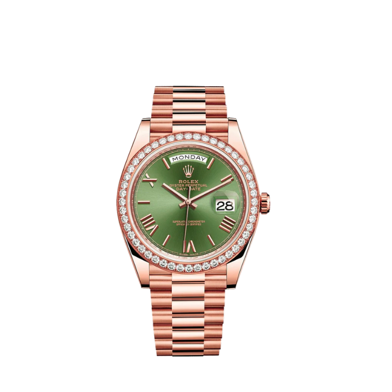 228345RBR Green Dial Factory Set Bezel Olive Dial Day Date 05/2023
