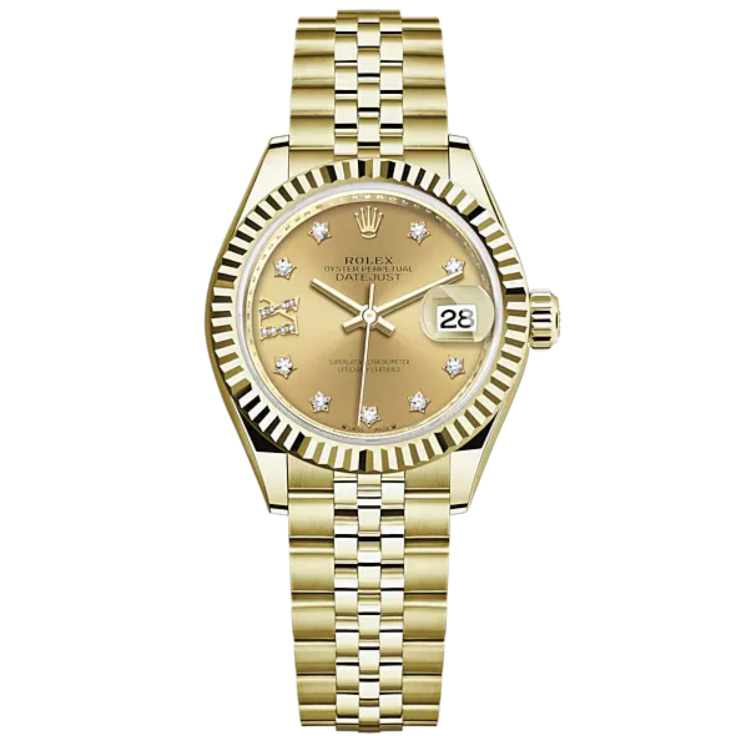 Lady-DateJust 28mm Jubilee Bracelet and 18 KT Yellow Gold with Champagne-Colour Dial Diamond-Set Dial Fluted Bezel