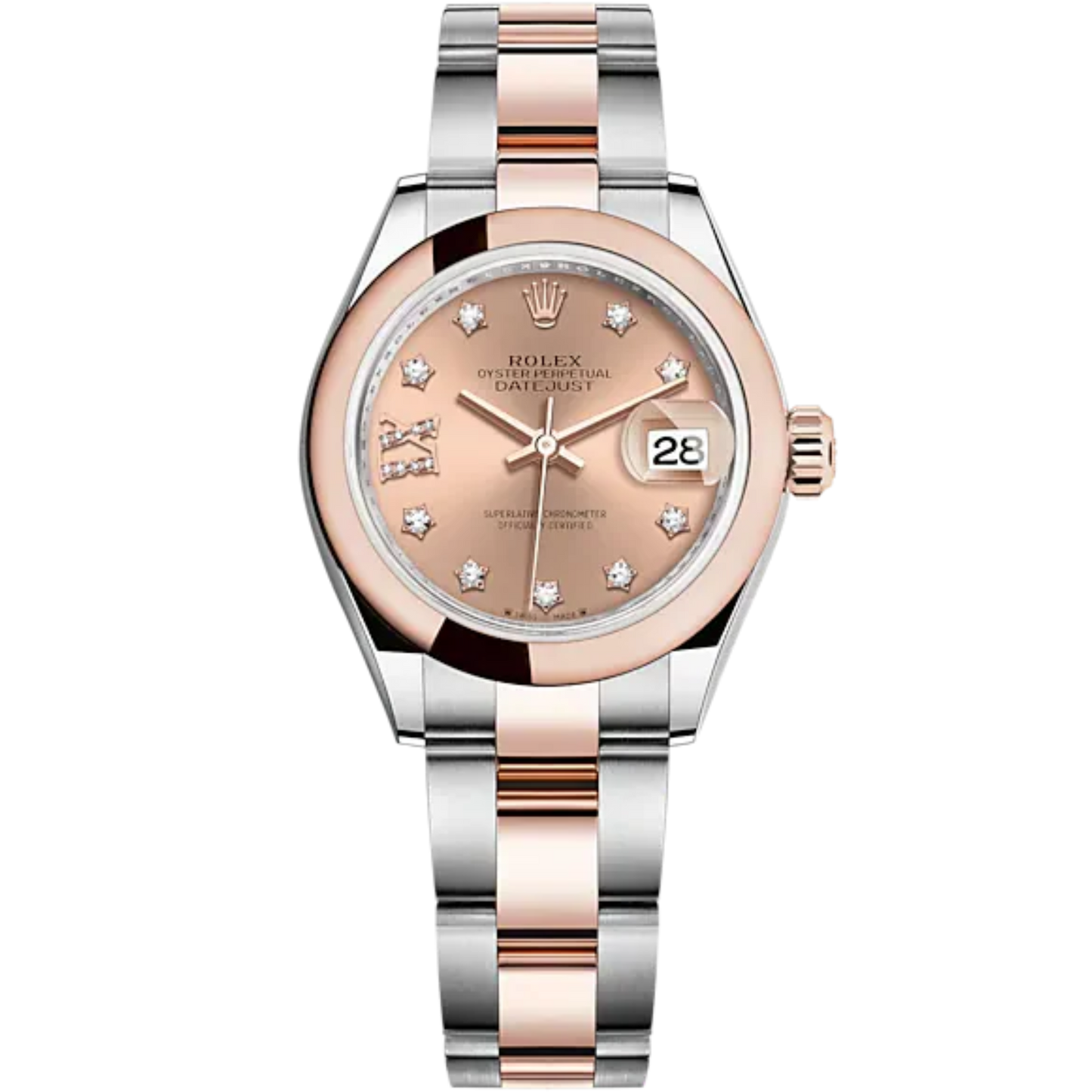 Lady-DateJust 28mm Oyster Oystersteel Bracelet and Everose Gold with Rosé-Colour Dial Diamond-Set Dial Domed Bezel