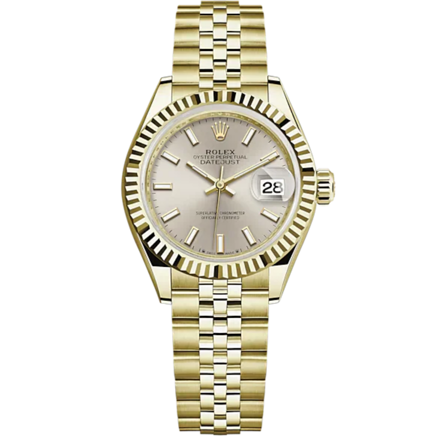 Lady-DateJust 28mm Jubilee Bracelet and 18 KT Yellow Gold with Silver Dial Fluted Bezel