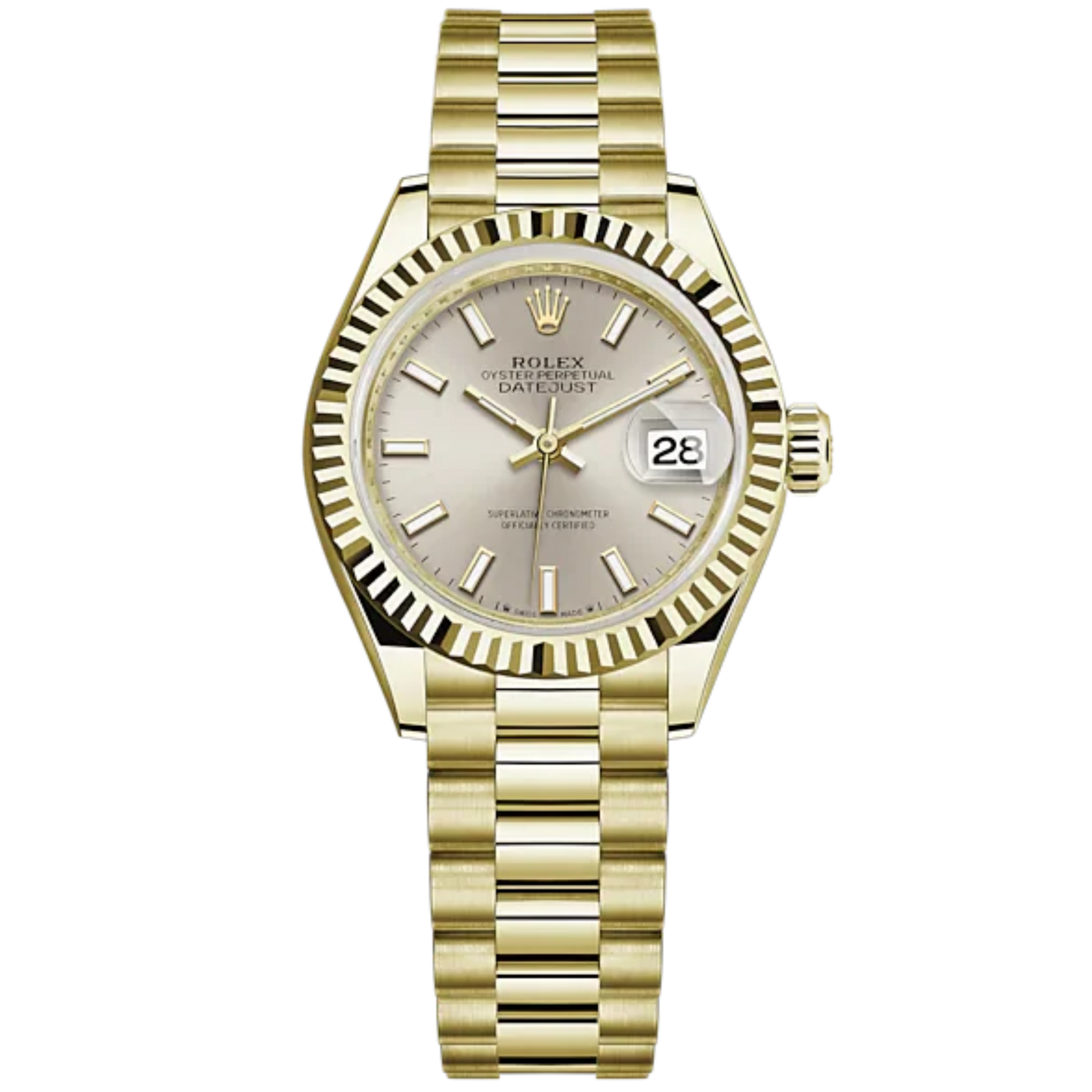 Lady-DateJust 28mm President Bracelet and 18 KT Yellow Gold with Silver Dial Fluted Bezel