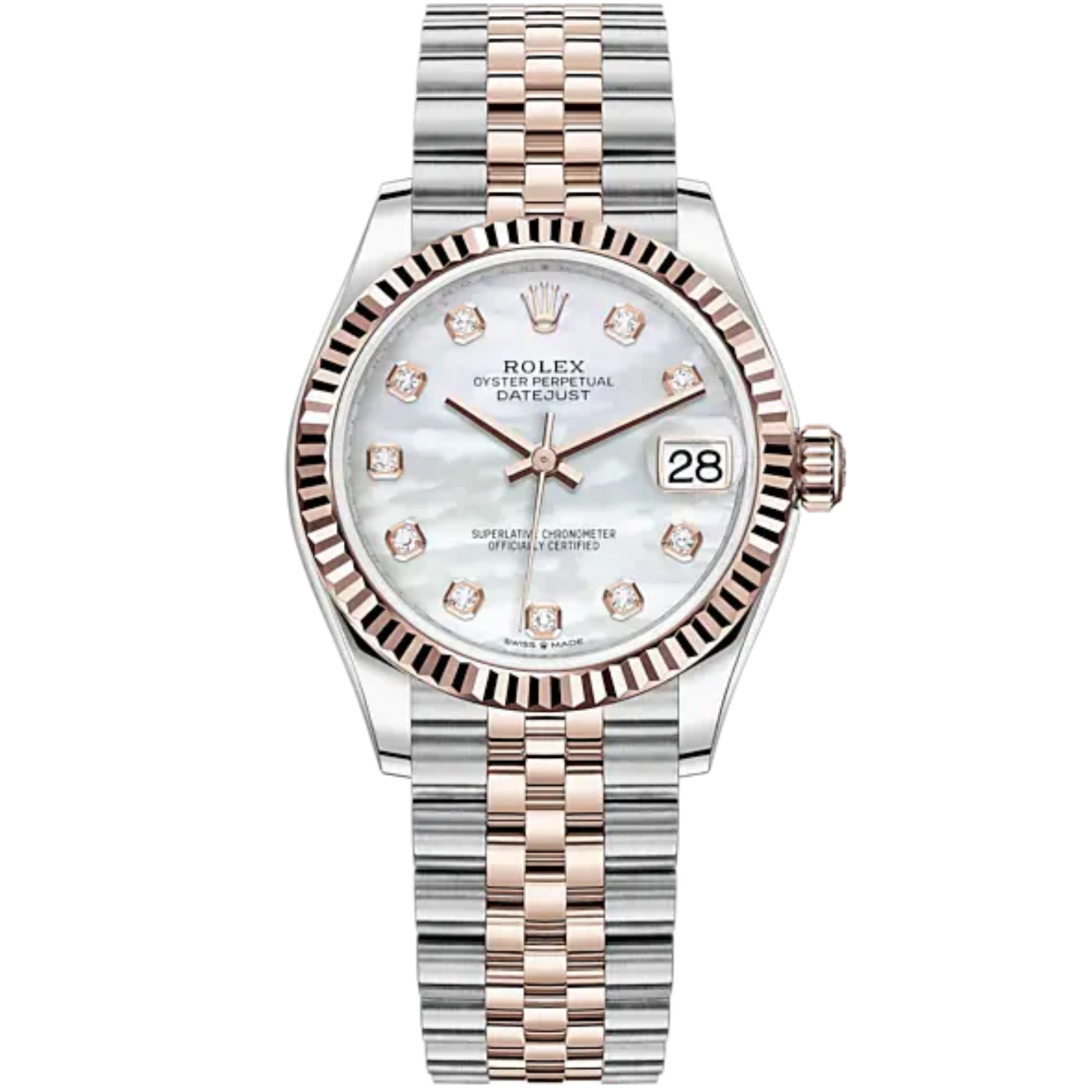Datejust 31 31mm Jubilee Bracelet Oystersteel and Everose Gold with White Mother-Of-Pearl Diamond-Set Dial Fluted Bezel