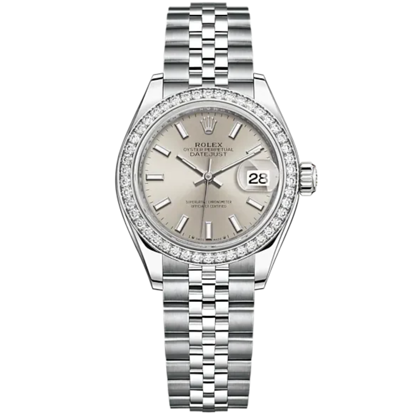 Lady-DateJust 28mm Oystersteel Jubilee Bracelet and White Gold with Silver Dial Diamond-Set Bezel