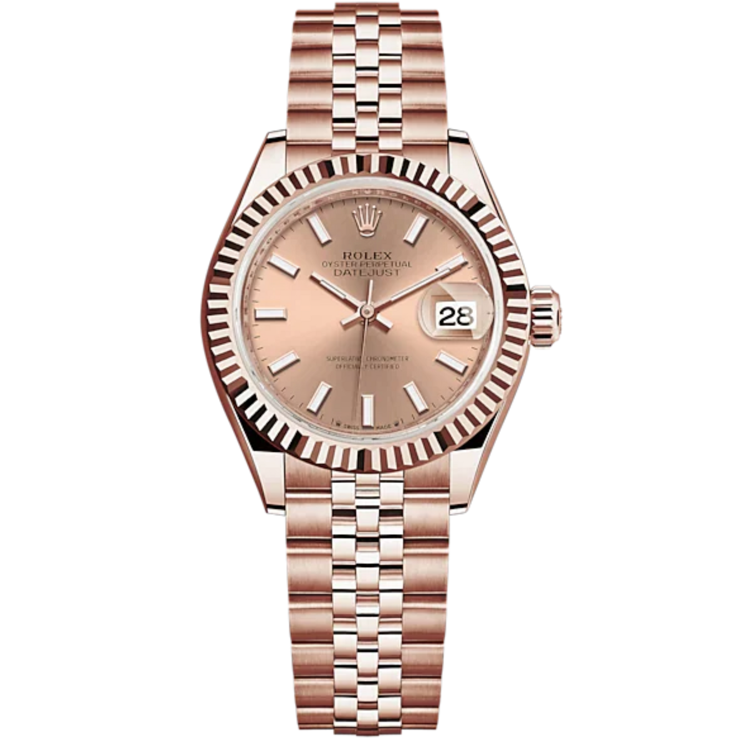 Lady-DateJust 28mm Jubilee Bracelet and 18 KT Everose Gold with Rosé-Colour Dial Fluted Bezel