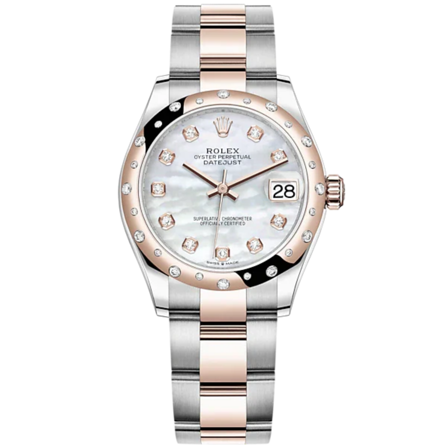 Datejust 31 31mm Oyster Bracelet Oystersteel and Everose Gold with White Mother-Of-Pearl Diamond-Set Dial Diamond-Set Bezel