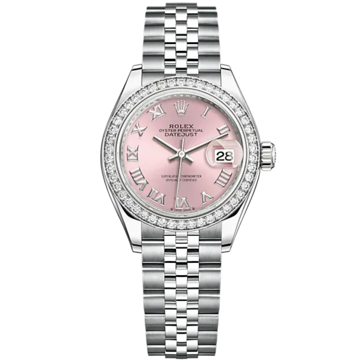 Lady-DateJust 28mm Oystersteel Jubilee Bracelet and White Gold with Pink Dial Diamond-Set Bezel