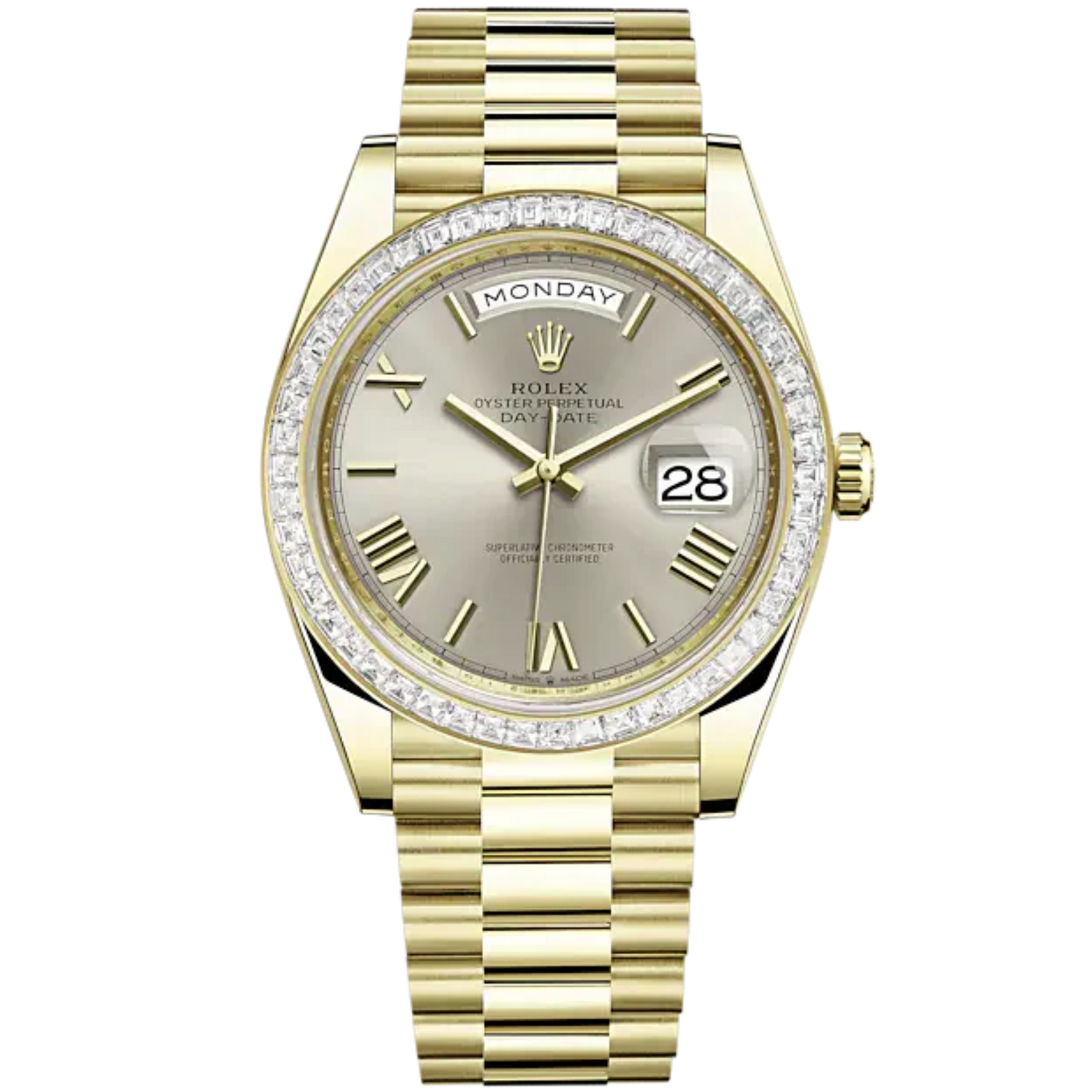 Day-Date 40 40mm President Bracelet and 18 KT White Gold with Silver Dial and Diamond-Set Bezel