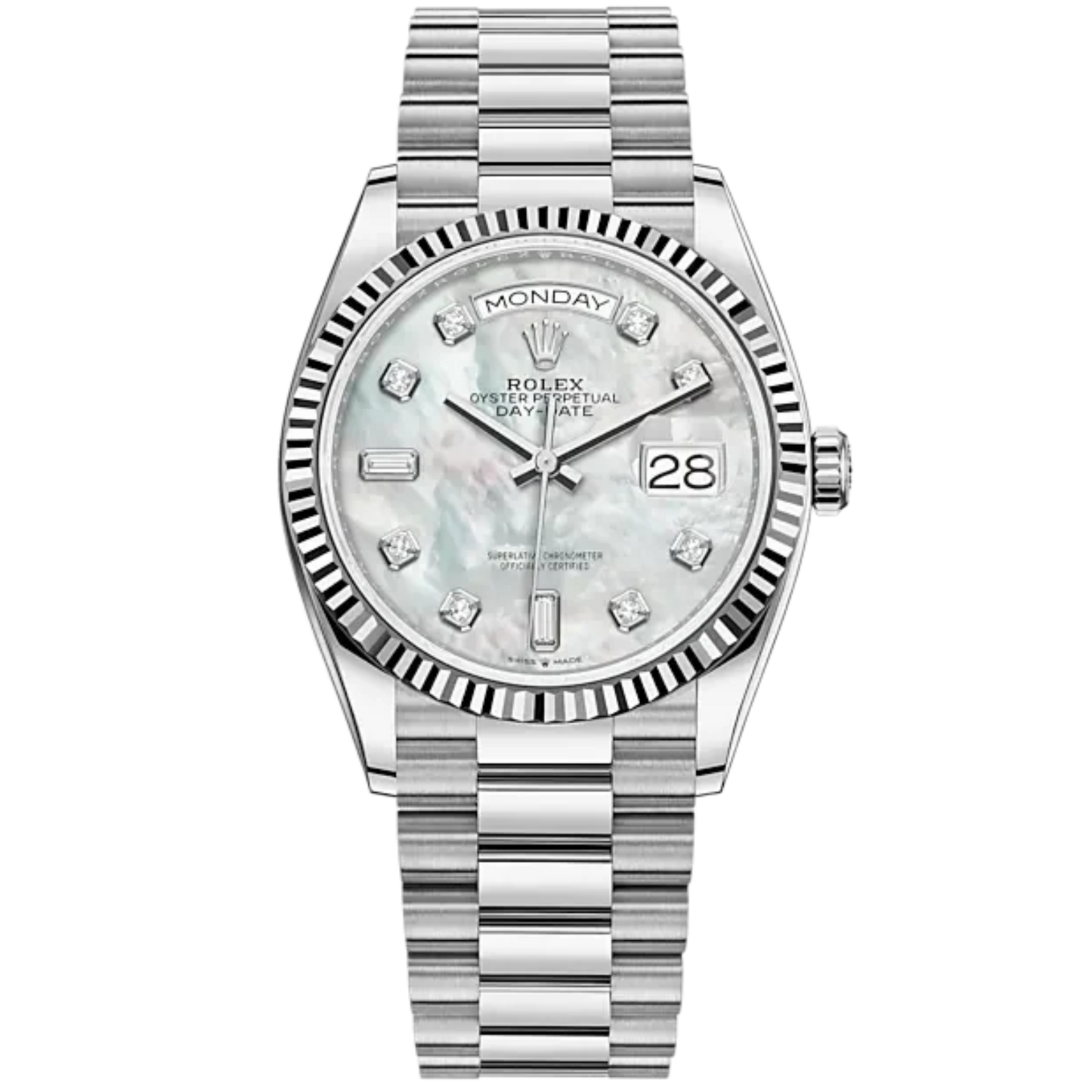 Day-Date 36 36mm President Bracelet and 18 KT White Gold with White Mother-of-Pearl Dial Diamond-Set Dial and Fluted Bezel