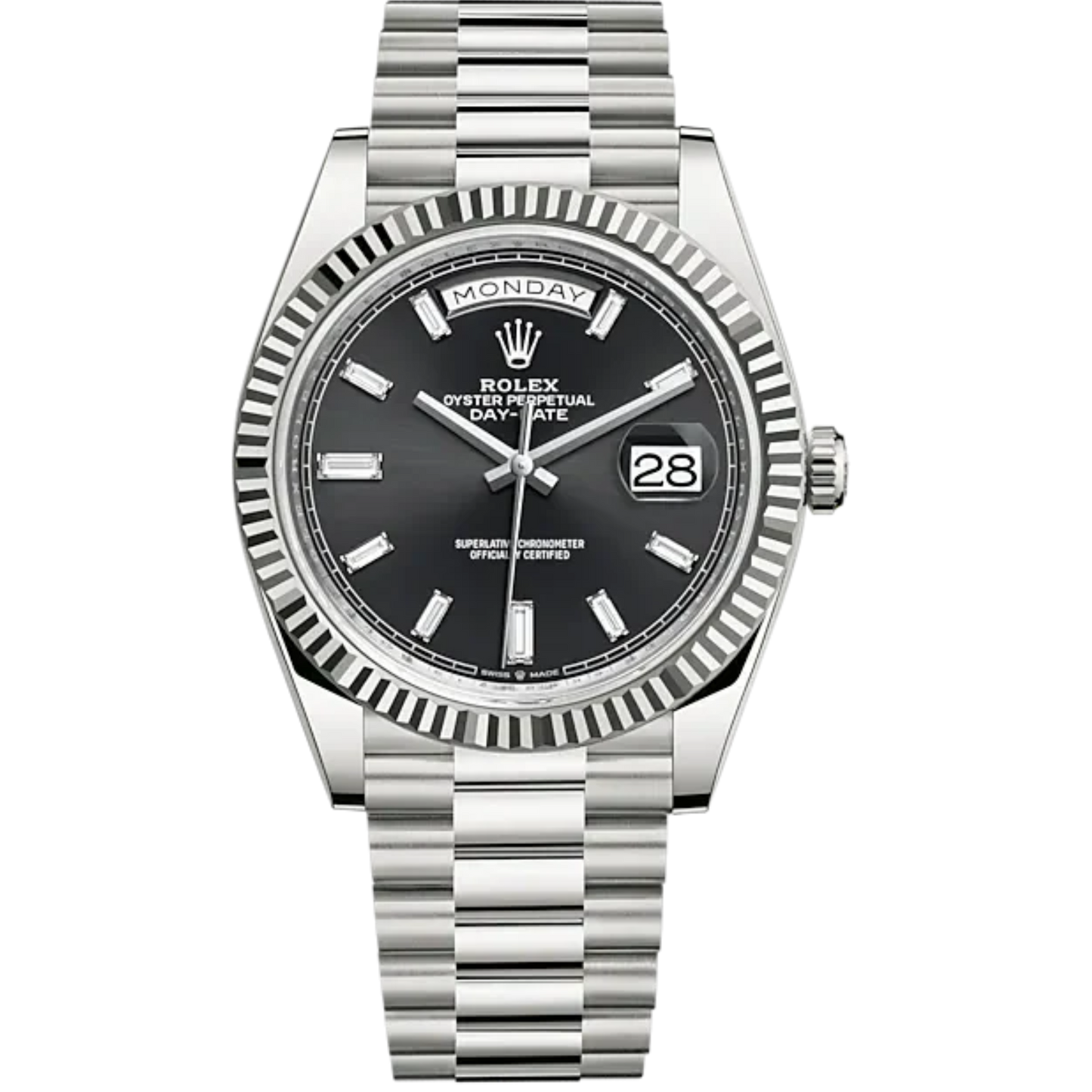 Day-Date 40 40mm President Bracelet and 18 KT White Gold with Bright Black Dial Diamond-Set Dial and Fluted Bezel