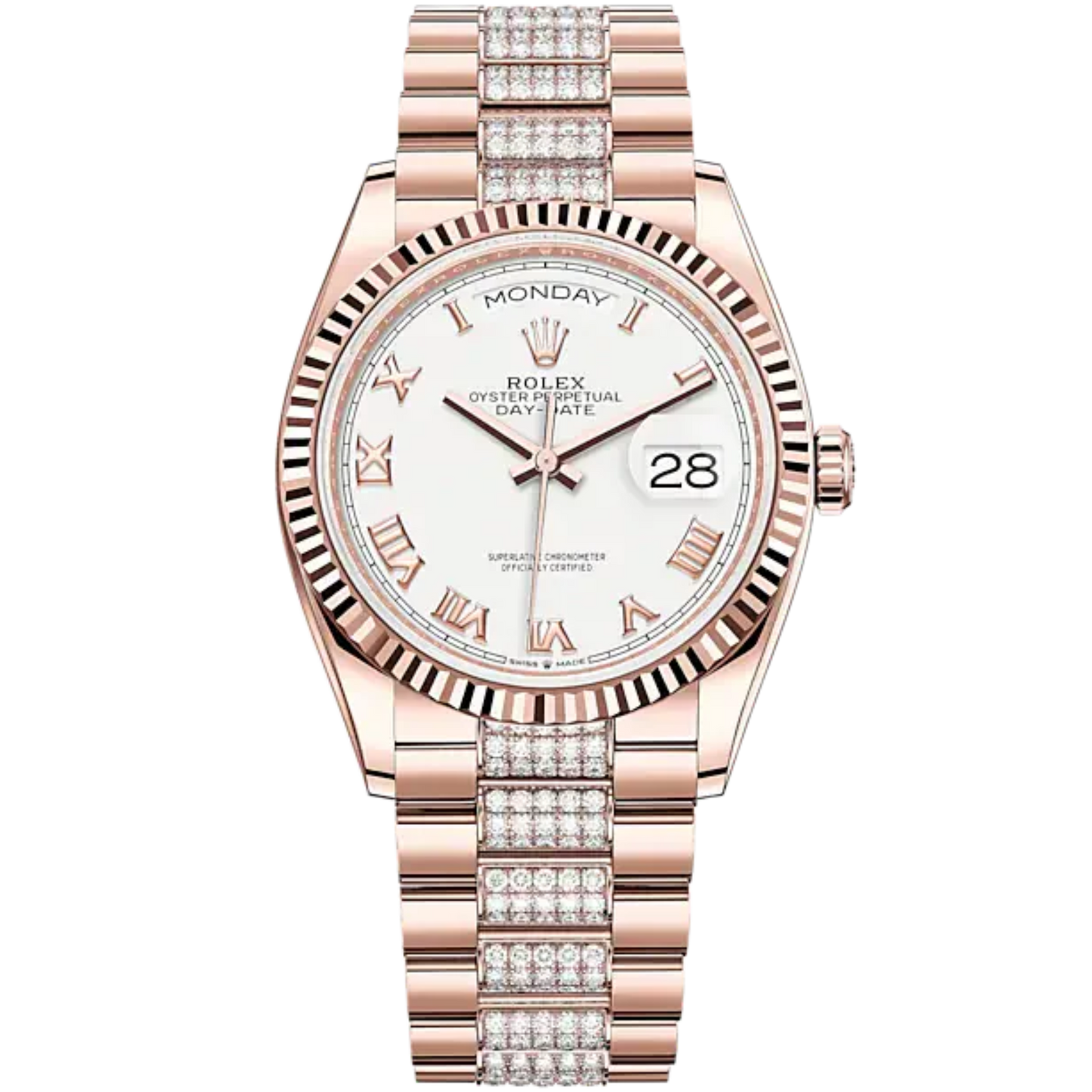 Day-Date 36 36mm President Bracelet and 18 KT Everose Gold with White Dial Fluted Bezel and Diamond-Set President Bracelet