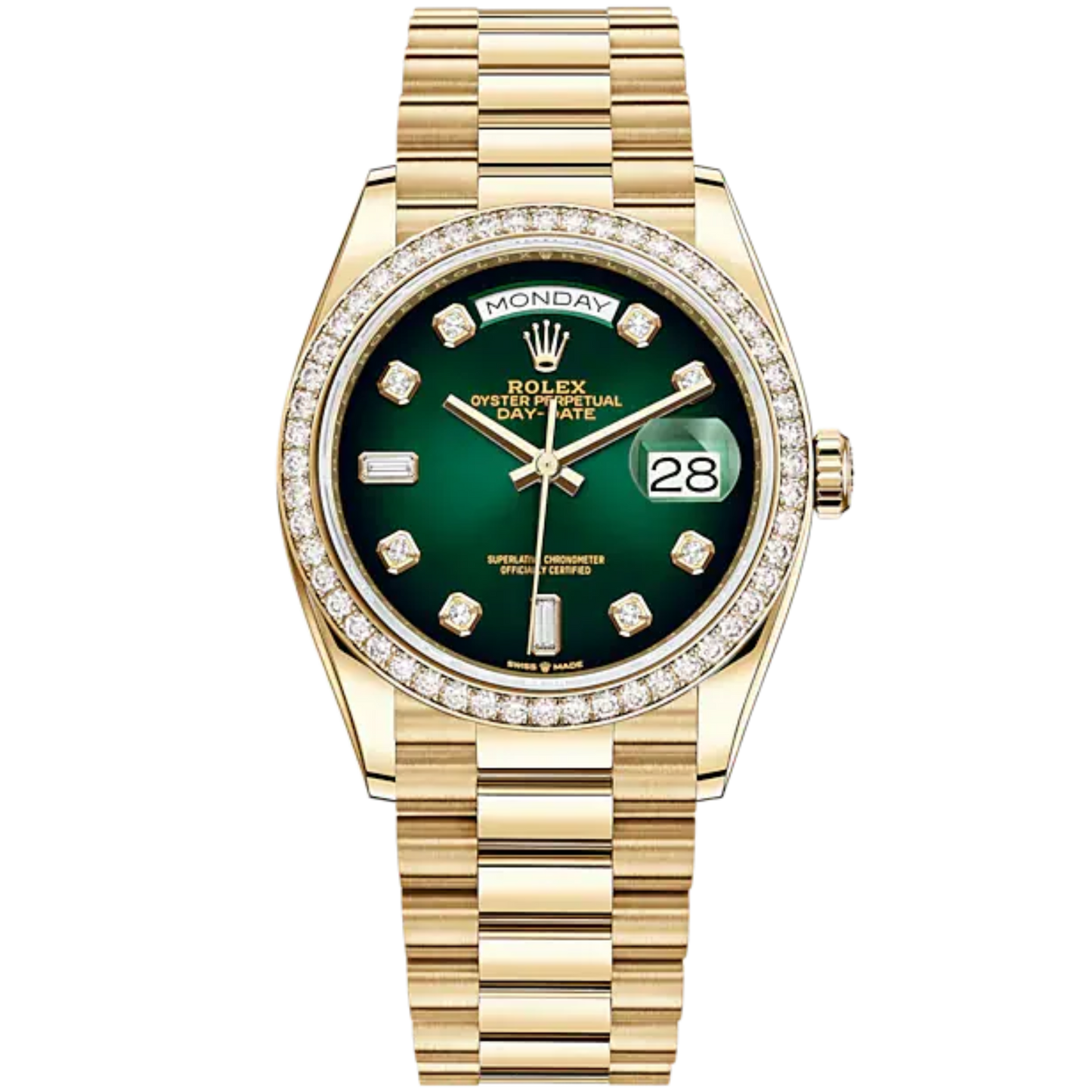 Rolex Day-Date Ref. 128348RBR 36mm Yellow Gold with Green Ombré Diamond-Set Dial and Diamond-Set Bezel