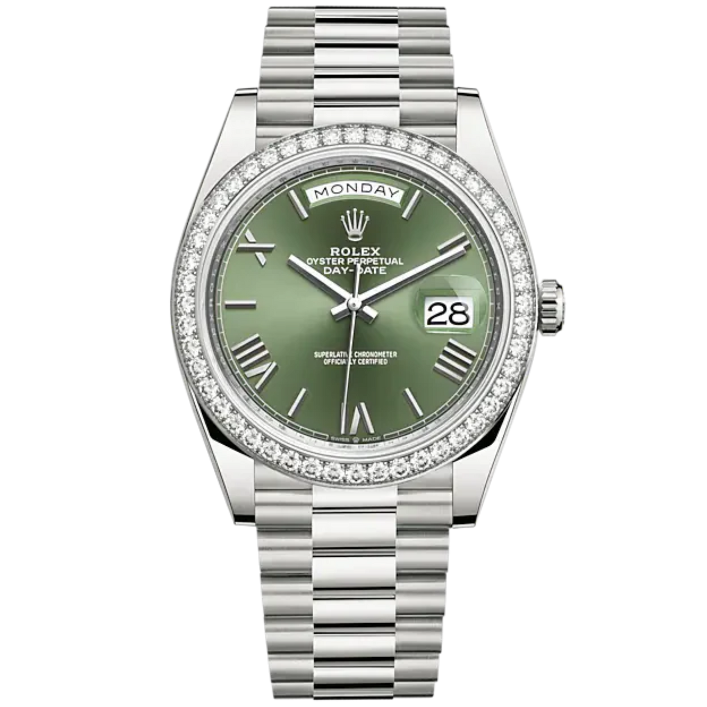 Rolex Day-Date Ref. 228349RBR 40mm White Gold Day Date Olive Green Dial with Factory Set Diamond Bezel