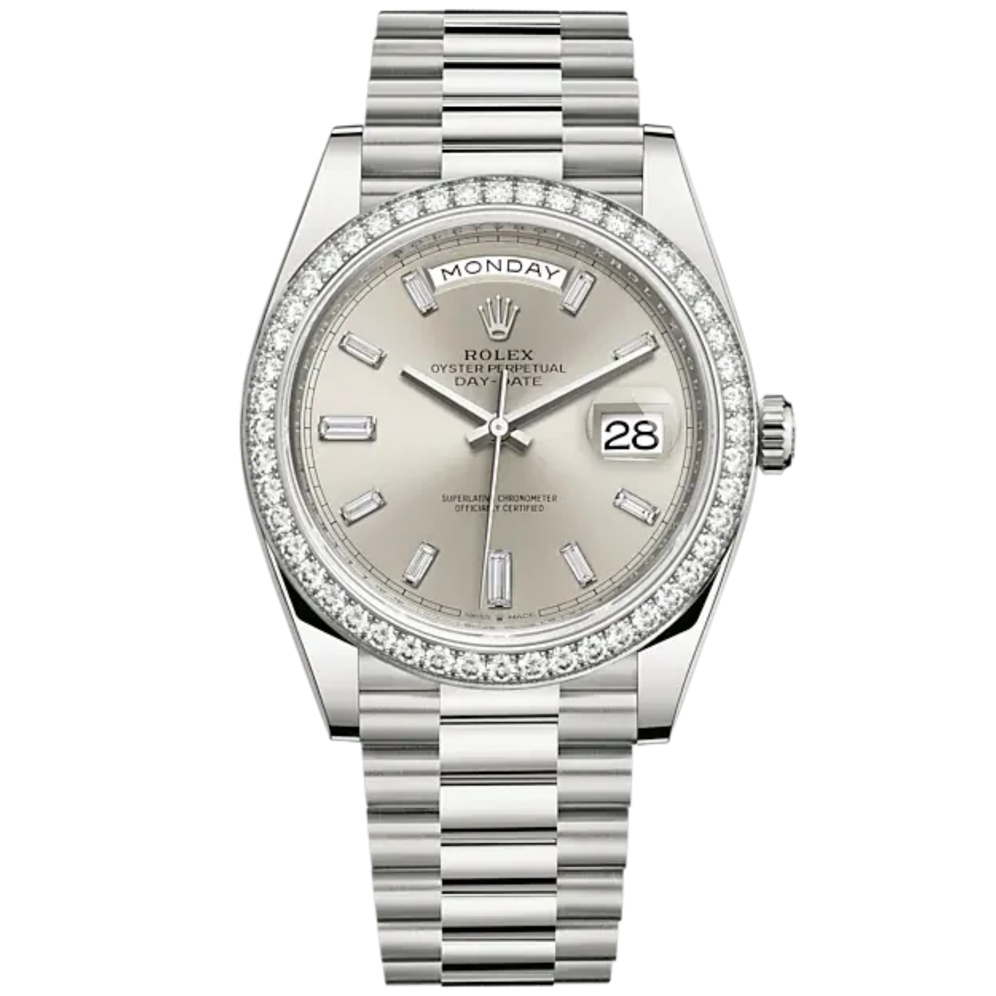 Day-Date 40 40mm President Bracelet and 18 KT White Gold with Silver Diamond-Set Dial and Diamond-Set Bezel
