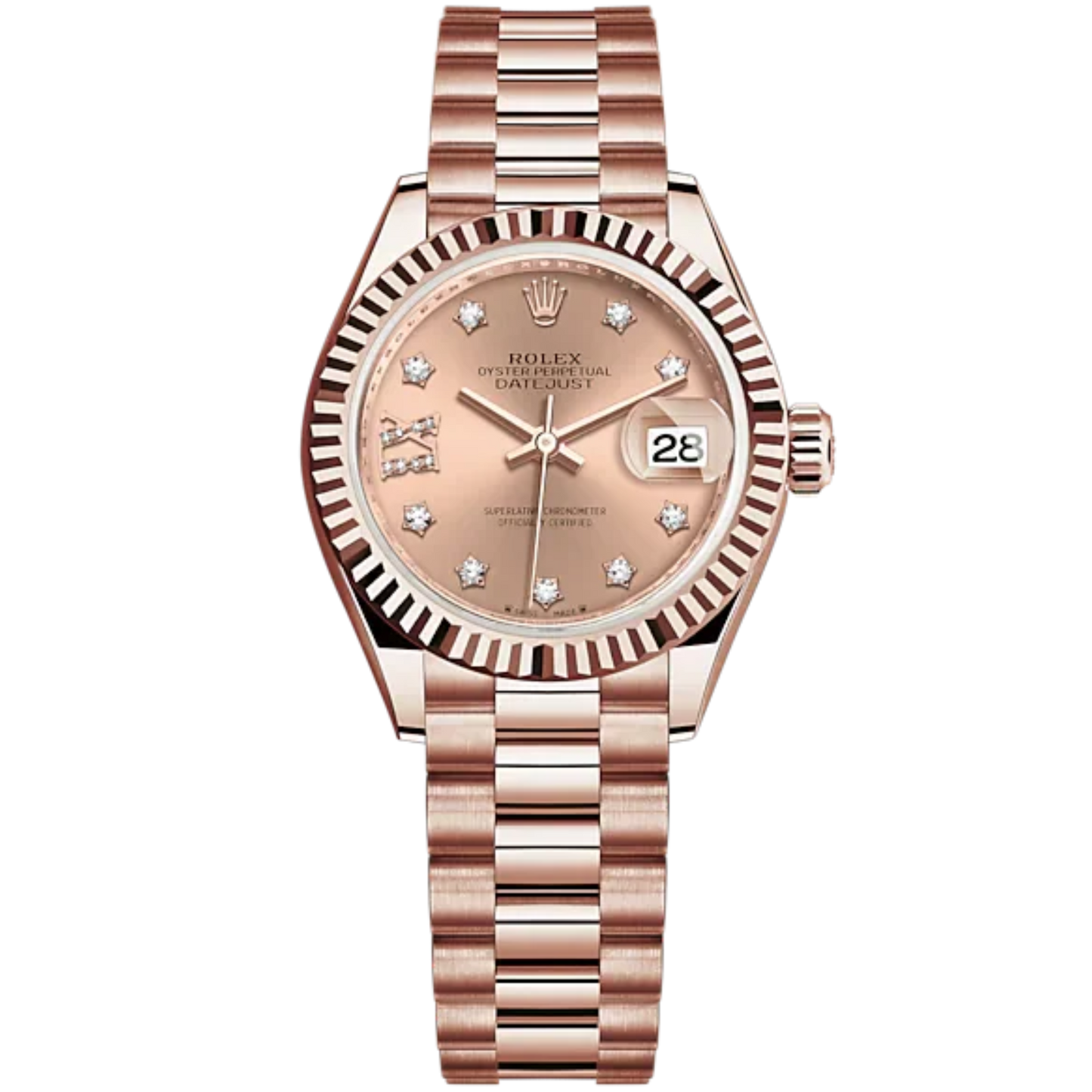 Lady-DateJust 28mm President Bracelet and 18 KT Everose Gold with Rosé-Colour Dial Diamond-Set Dial Fluted Bezel