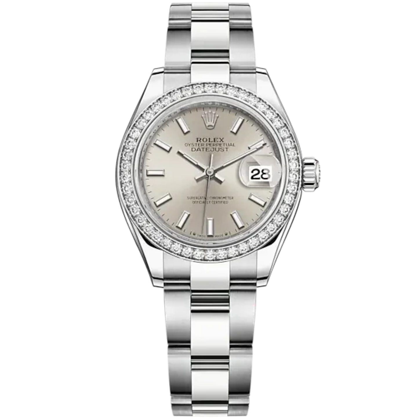 Lady-DateJust 28mm Oyster Oystersteel Bracelet and White Gold with Silver Dial Diamond-Set Bezel