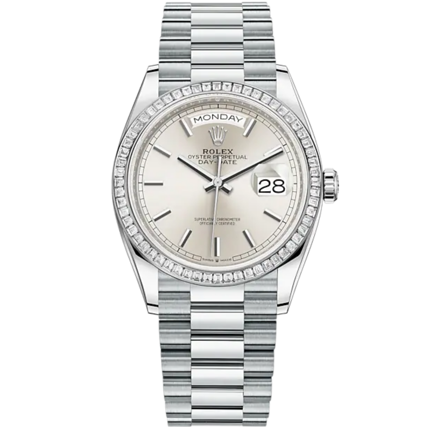 Day-Date 36 36mm Oyster President Bracelet and 18 KT White Gold with Silver Dial Diamond-Set Bezel