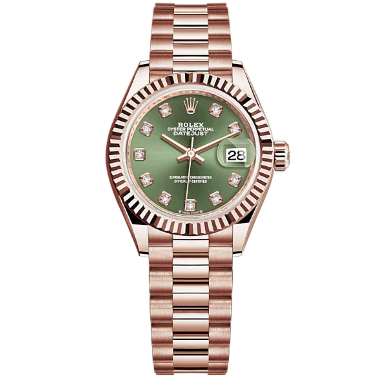 Lady-DateJust 28mm President Bracelet and 18 KT Everose Gold with Olive-Green Dial Diamond-Set Dial and Fluted Bezel