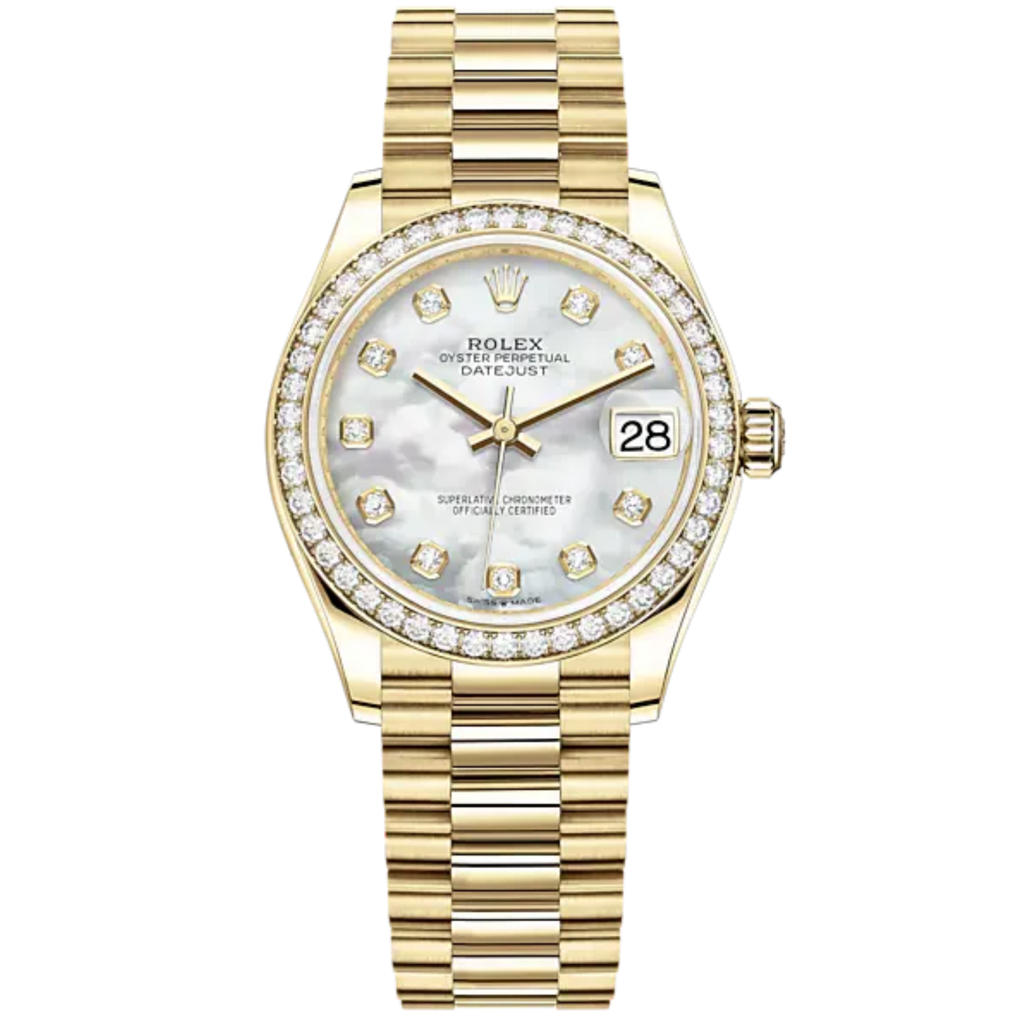 Datejust 31 31mm President Bracelet and 18 CT Yellow Gold with White Mother-Of-Pearl Dial Diamond-Set Bezel