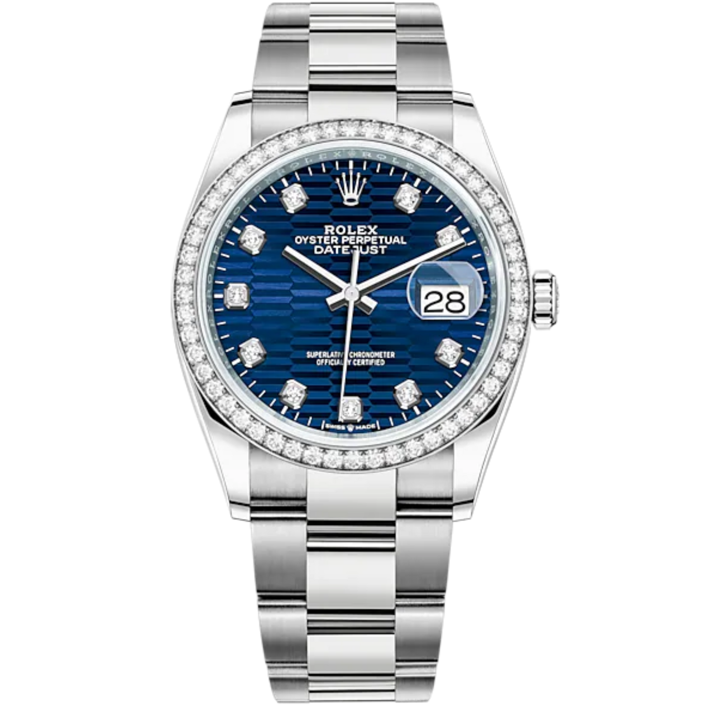 Datejust 36 36mm Oystersteel and White Gold Oyster Bracelet Bright Blue Fluted-Motif Diamond-set Dial Diamond-set Bezel