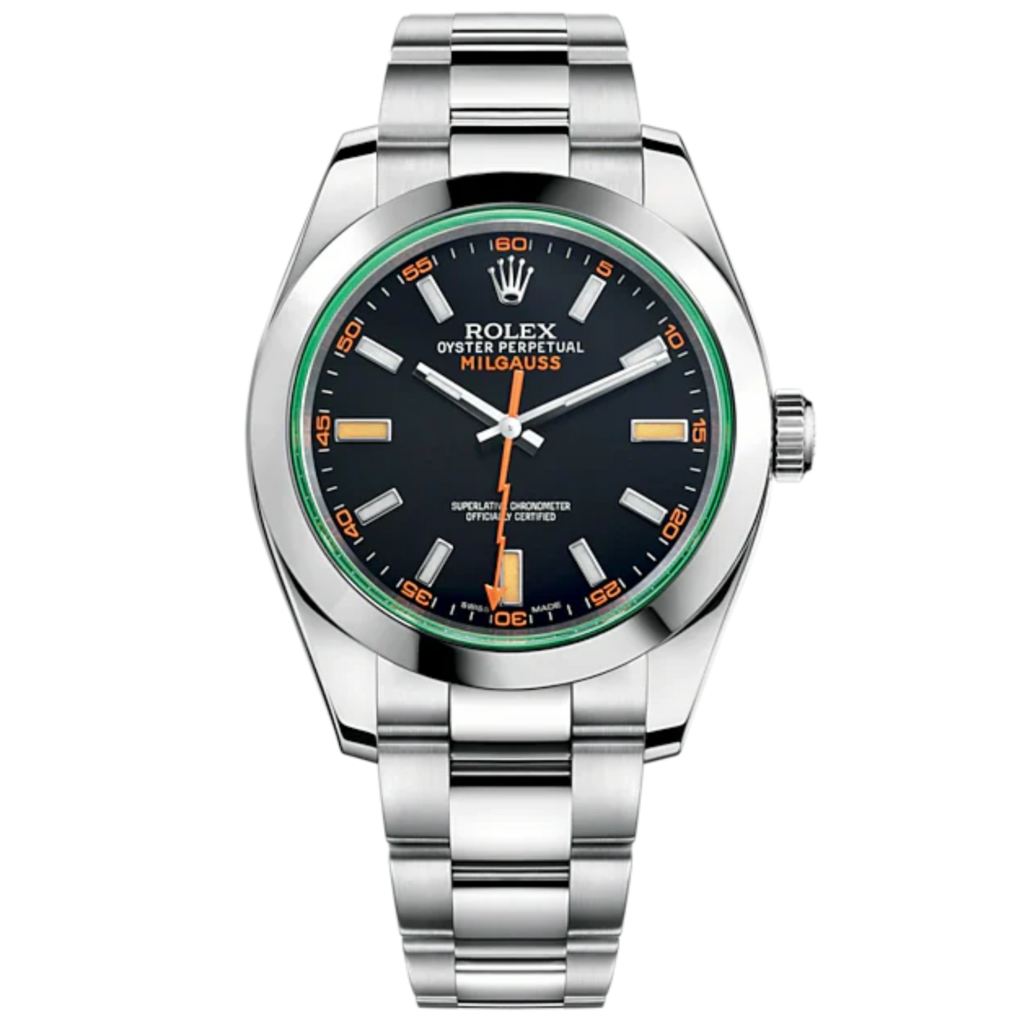Milgauss 40mm Oyster Bracelet Oystersteel and Green Sapphire Crystal with Intense Black Dial Smooth Bezel